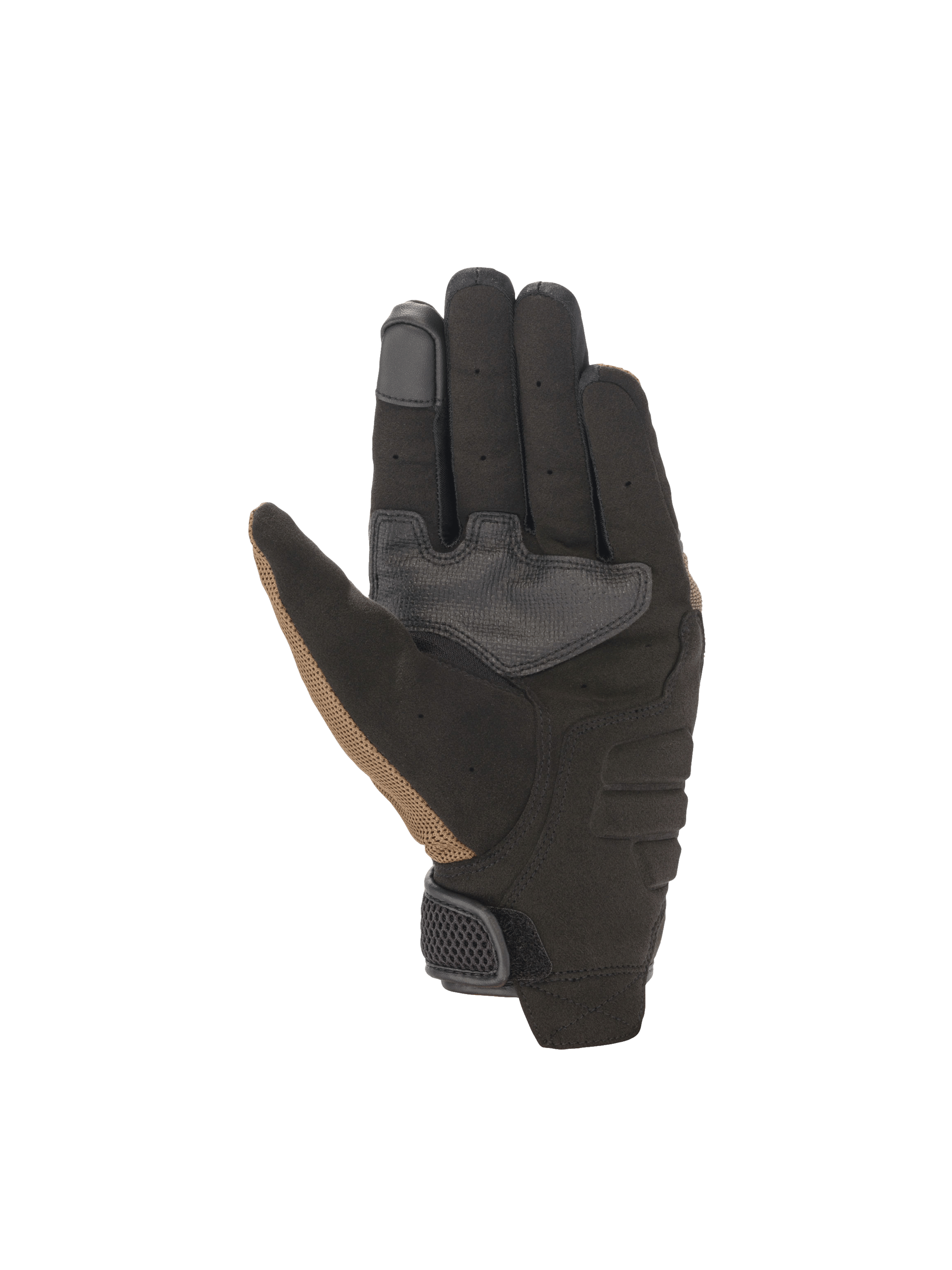 Alpinestars Copper handschoenen, stedelijke motorhandschoenen in bruin en zwart, met een versterkte synthetische suède handpalm en touchscreen-compatibele wijsvinger.