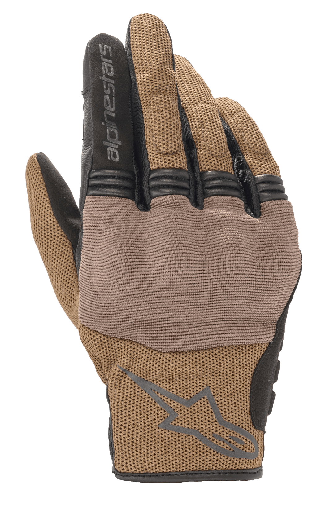 Alpinestars Copper handschoenen, stedelijke motorhandschoenen, Teak bruin en zwart, ademende mesh-constructie, getextureerd paneel over de knokkels, korte manchet met Alpinestars-logo en tekst
