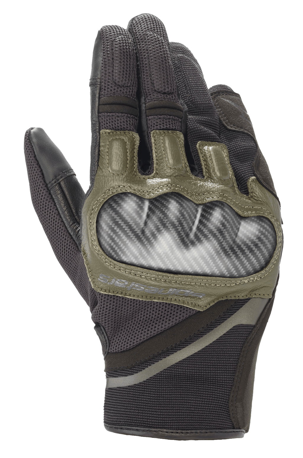 Alpinestars Chrome handschoenen, motorhandschoenen, zwart en bosgroen, voorzien van carbon-look harde knokkelbescherming, olijfgroene leren accenten en een duurzame multi-panel textielconstructie
