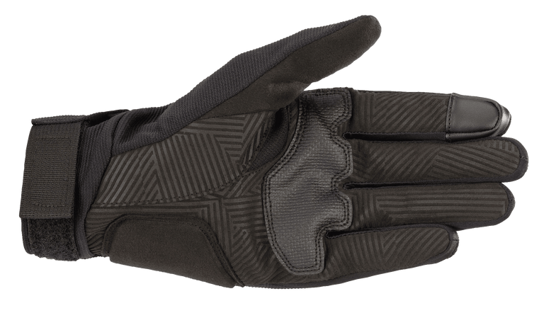 The Reef Gloves from Alpinestars EU are black and feature the Alpinestars logo and branding in white on the backhand. Designed for motorsport or outdoor activities, these gloves have a sleek design, stretch fabric for flexibility, and reinforced stitching.