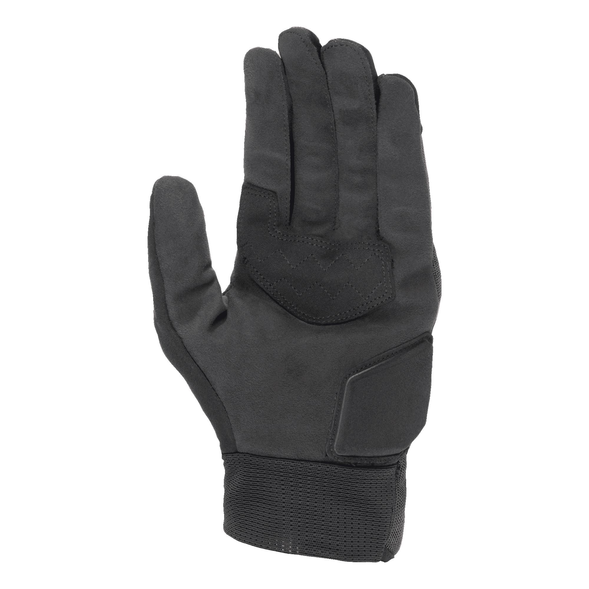 Alpinestars Stated Air Handschuhe, Schwarz, Handflächenansicht mit weicher synthetischer Wildledertextur, verstärkte Handfläche mit Zickzack-Nähten für Griffigkeit, gepolsterter Handballenschutz und ein gerippter elastischer Bund