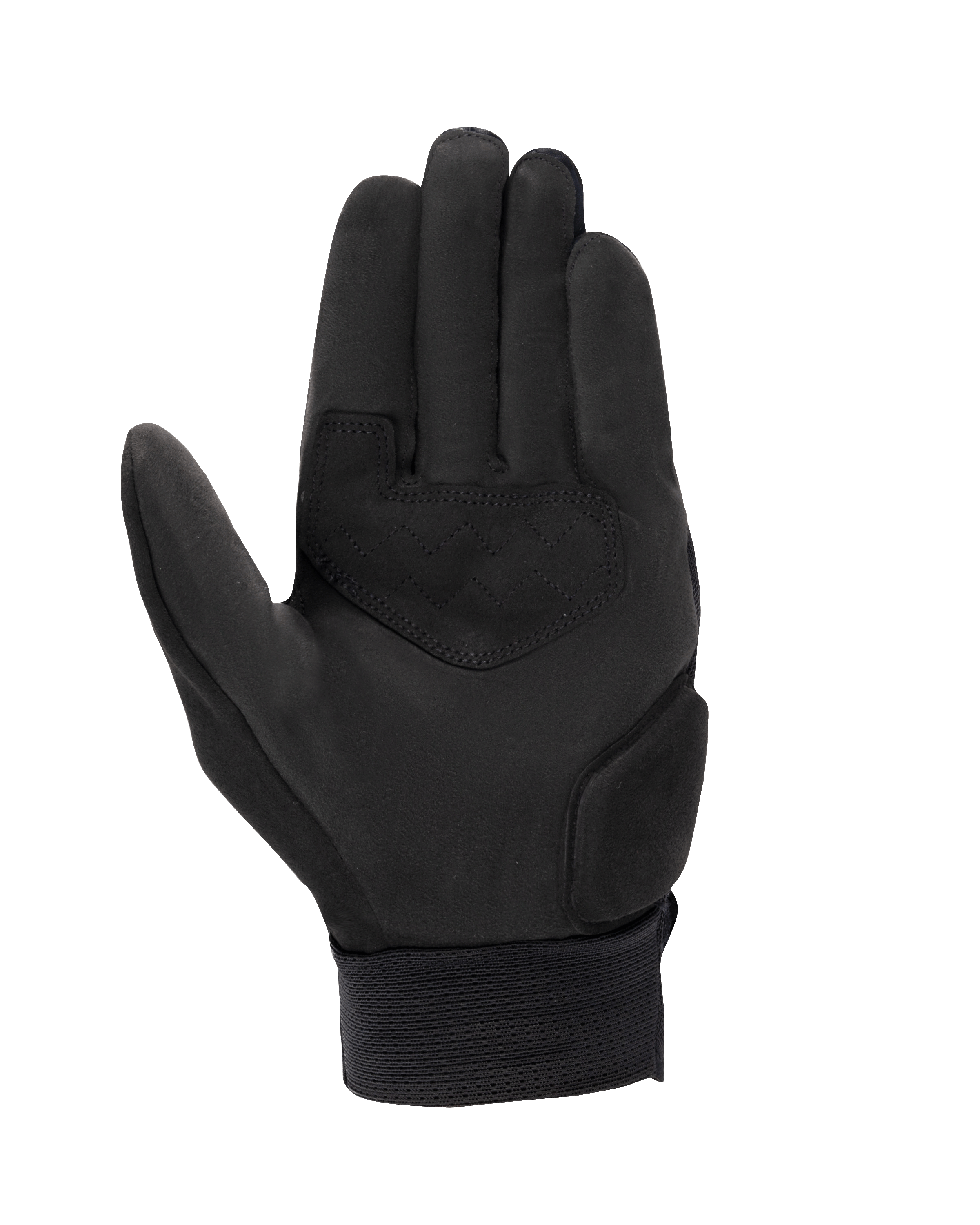 Gants Alpinestars Stated Air, gants de moto, noirs, vue de la paume avec construction en daim synthétique, empiècement de paume renforcé avec coutures en zigzag et poignet élastique côtelé, équipement de moto urbain pour l'été