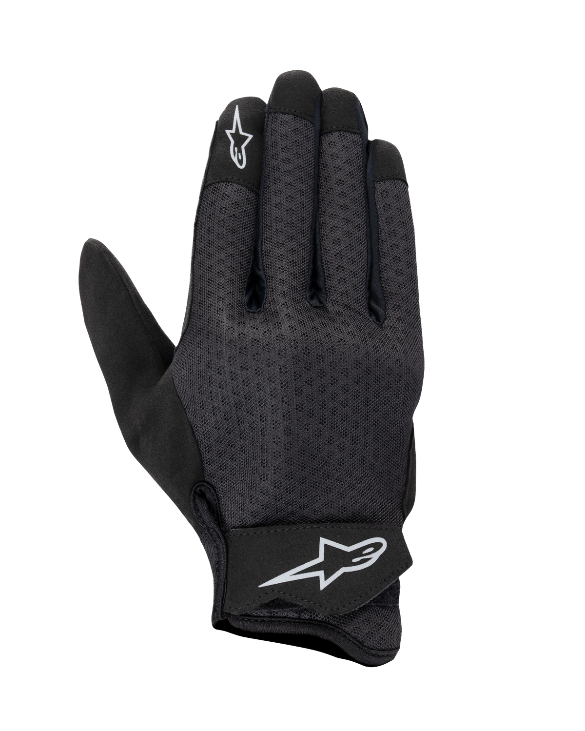 Alpinestars Stated Air Gloves, Motorradhandschuhe, Schwarz, Mesh-Handrücken für maximale Belüftung, weiße Stern-Logos auf dem Zeigefinger und am Handgelenkverschluss, verstellbarer Klettverschluss, leichtes Synthetikmaterial, stromlinienförmiges urbanes Design