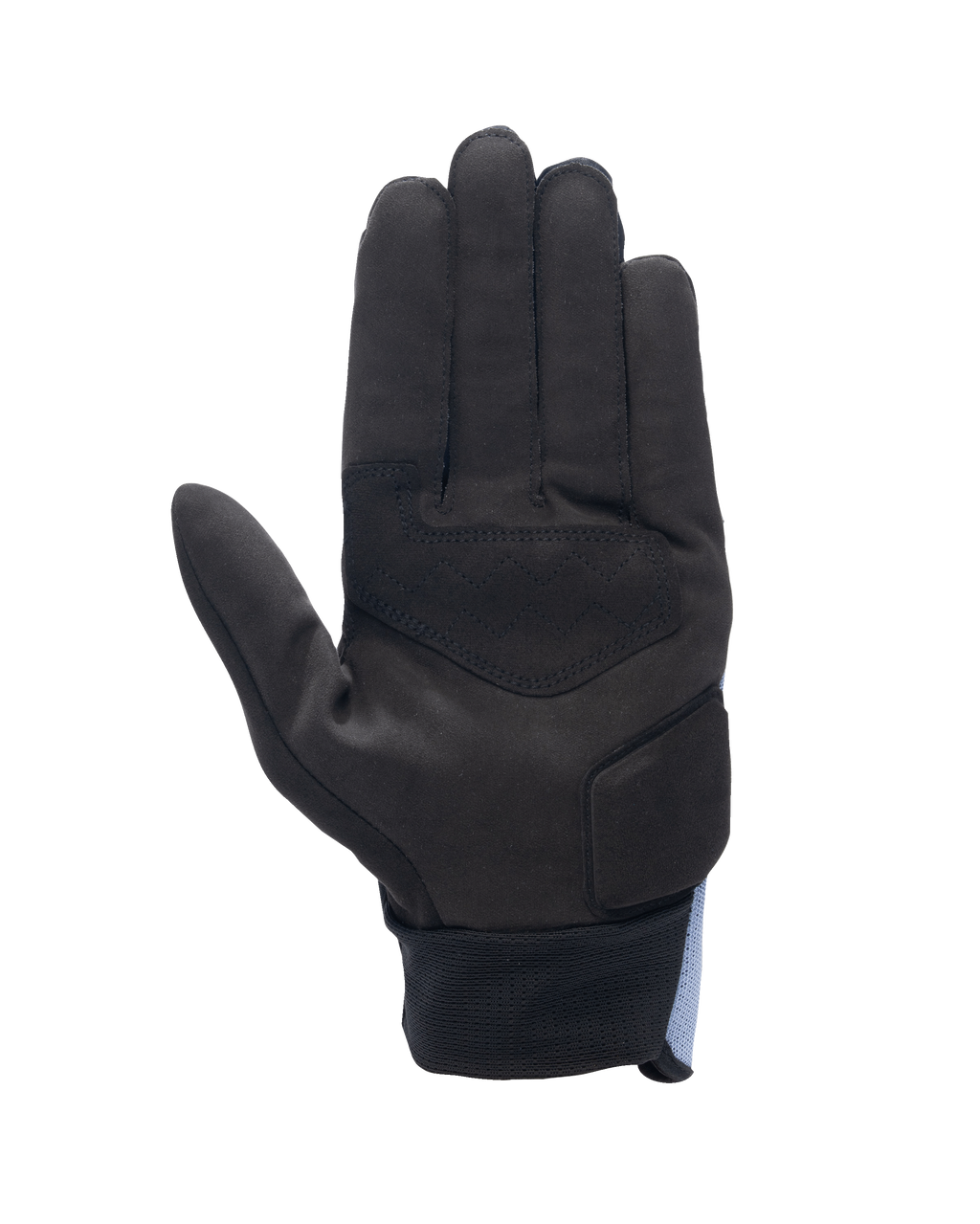 Gants Alpinestars Stated Air, vue de la paume, Bleu Stonewash Noir, paume en suède synthétique noire avec renforts, fermeture du poignet côtelée, design épuré pour la conduite moto urbaine estivale