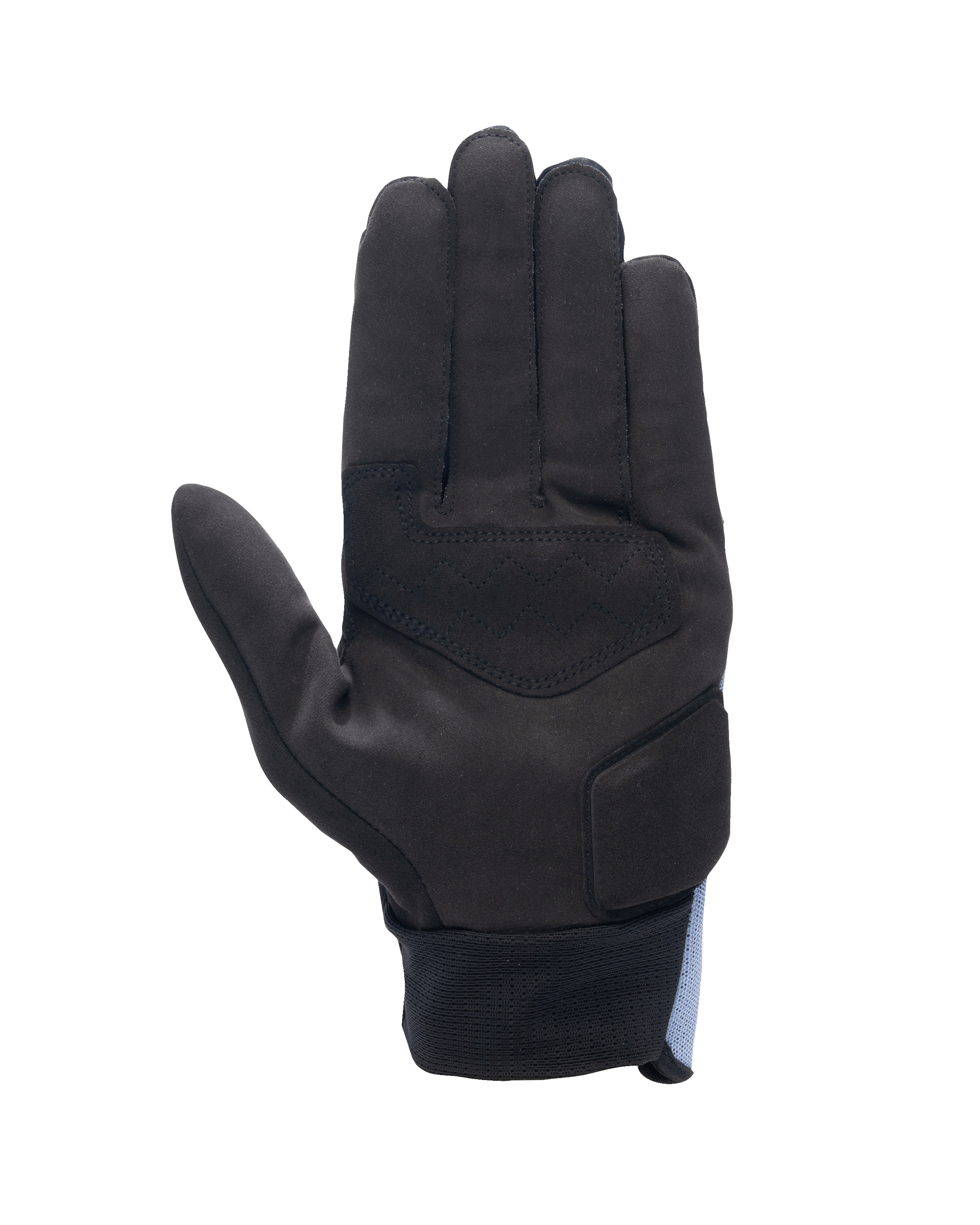 Gants Alpinestars Stated Air, vue de la paume, Bleu Stonewash Noir, paume en suède synthétique noire avec renforts, fermeture du poignet côtelée, design épuré pour la conduite moto urbaine estivale