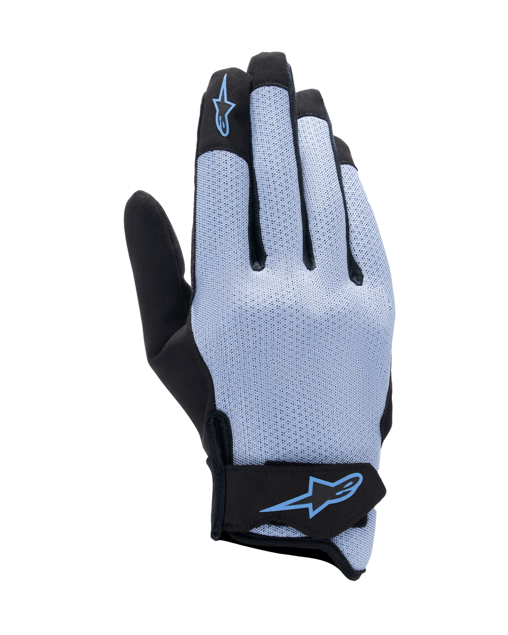 Gants Alpinestars Stated Air, gants de moto, bleu stonewash et noir, dos en airprene extensible avec texture perforée, logo étoilé bleu sur l'index et la fermeture du poignet, conception légère et respirante pour l'été