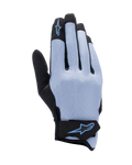 Gants Alpinestars Stated Air, gants de moto, bleu stonewash et noir, dos en airprene extensible avec texture perforée, logo étoilé bleu sur l'index et la fermeture du poignet, conception légère et respirante pour l'été