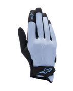 Gants Alpinestars Stated Air, gants de moto, bleu stonewash et noir, dos en airprene extensible avec texture perforée, logo étoilé bleu sur l'index et la fermeture du poignet, conception légère et respirante pour l'été