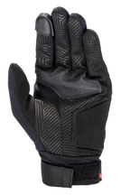 Gants Alpinestars Aragon, vue de la paume, noir, gant de moto avec paume en daim synthétique à motif labyrinthe thermo-imprimé, zone de préhension en caoutchouc, index tactile et sangle de poignet réglable