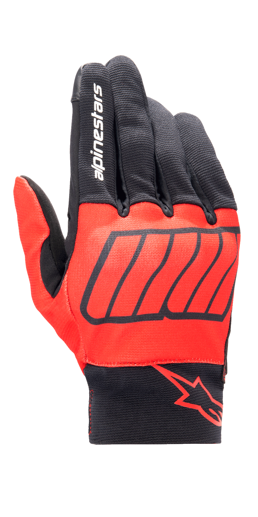 Alpinestars Aragon handschoen, motorhandschoenen, felrood en zwart, Marc Marquez MM93-collectie, met witte Alpinestars-branding op de wijsvinger en een rood sterlogo op de pols, getextureerde stretchstof met diagonale graphics, urban riding-ontwerp