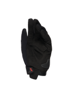 Gants Alpinestars SP X 1, gants de moto noirs, vue de la paume montrant des empiècements en cuir synthétique, zones d'impact renforcées, glissière de paume en TPR, fermeture à manchette courte avec logo rouge, protection pour conduite sportive