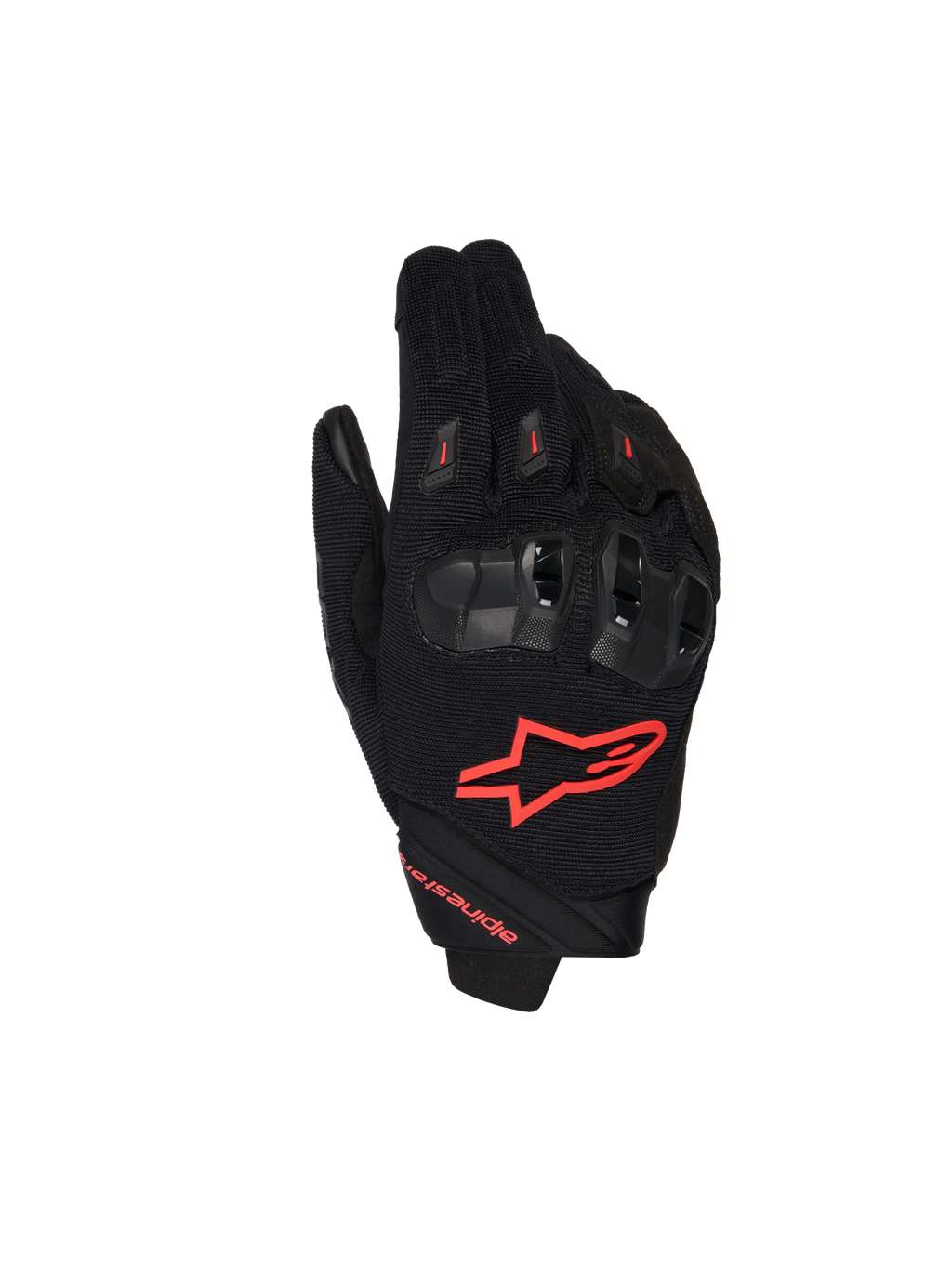 Alpinestars SP X 1, gants de moto racing, noir et rouge fluo, avec logo rouge sur le dos de la main, protections d'articulations ergonomiques noires, construction en textile mesh et design à manchette courte pour la conduite sportive