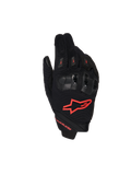 Alpinestars SP X 1, gants de moto racing, noir et rouge fluo, avec logo rouge sur le dos de la main, protections d'articulations ergonomiques noires, construction en textile mesh et design à manchette courte pour la conduite sportive