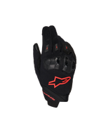 Alpinestars SP X 1, gants de moto racing, noir et rouge fluo, avec logo rouge sur le dos de la main, protections d'articulations ergonomiques noires, construction en textile mesh et design à manchette courte pour la conduite sportive