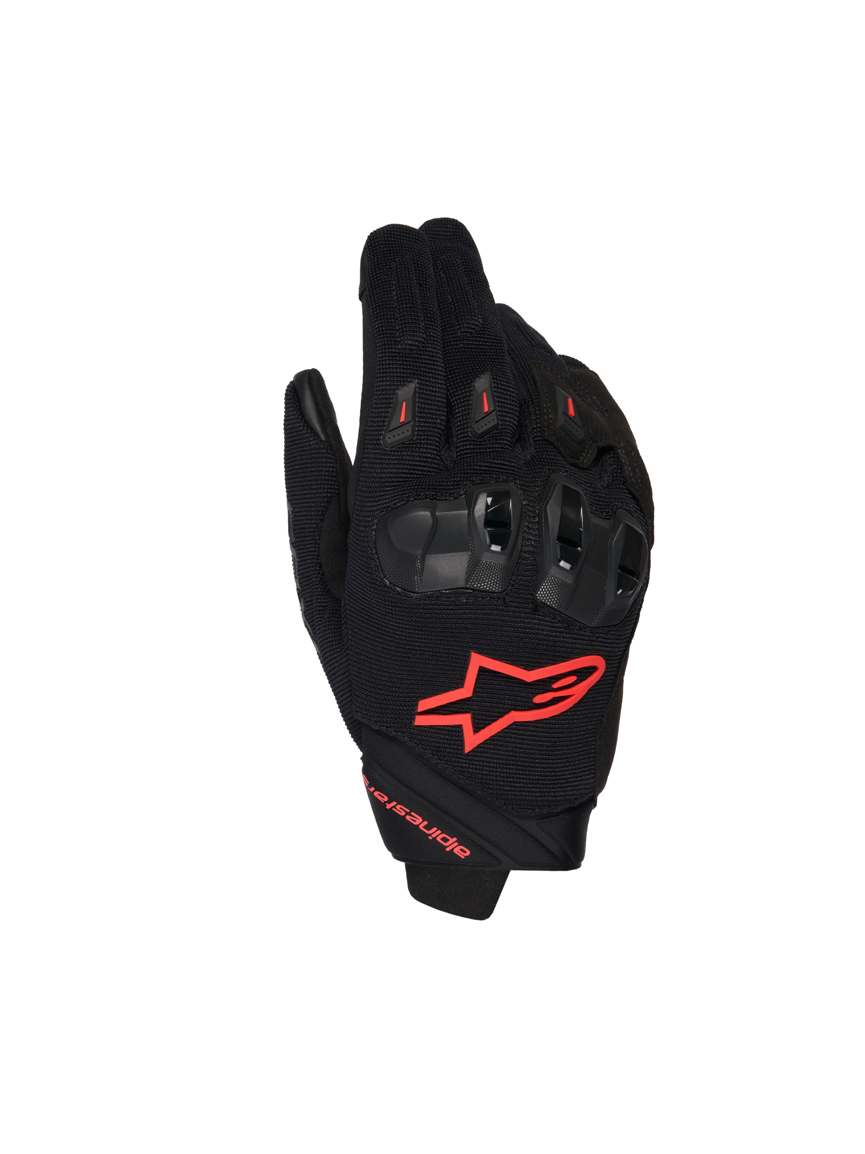 Alpinestars SP X 1, gants de moto racing, noir et rouge fluo, avec logo rouge sur le dos de la main, protections d'articulations ergonomiques noires, construction en textile mesh et design à manchette courte pour la conduite sportive