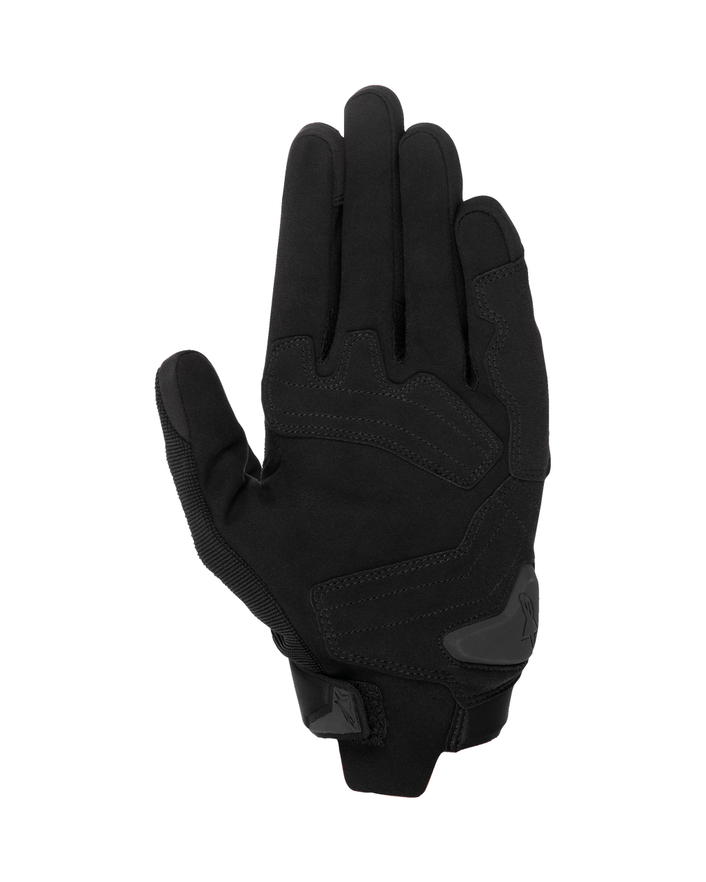 Gants Alpinestars SP X 1, gants de moto noir/noir, vue de la paume montrant la construction en cuir synthétique avec zones de frappe renforcées, glissière de paume en TPR et fermeture de manchette compacte.