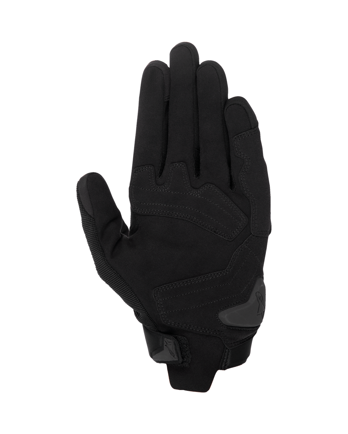 Gants Alpinestars SP X 1, gants de moto noir/noir, vue de la paume montrant la construction en cuir synthétique avec zones de frappe renforcées, glissière de paume en TPR et fermeture de manchette compacte.