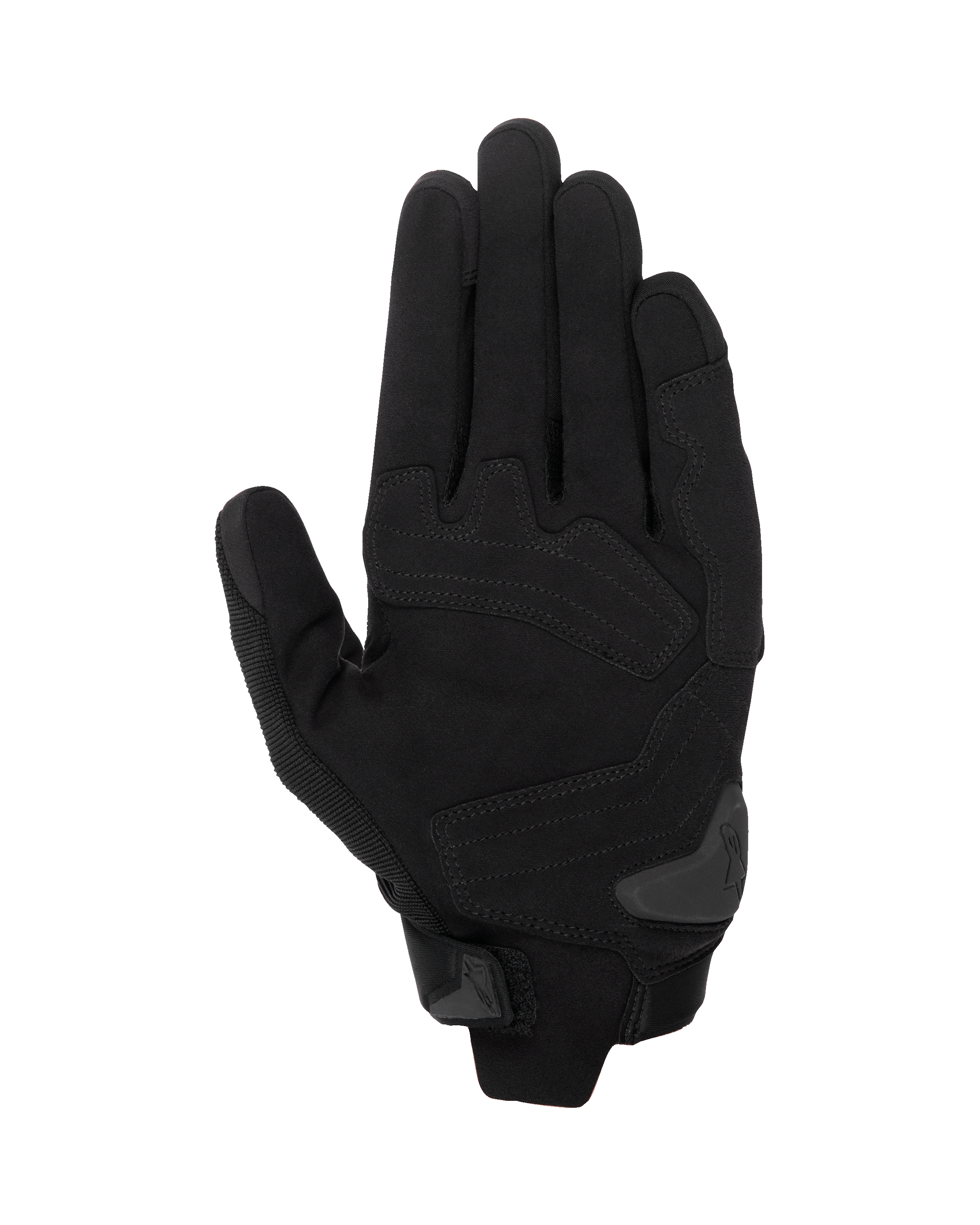 Gants Alpinestars SP X 1, gants de moto noir/noir, vue de la paume montrant la construction en cuir synthétique avec zones de frappe renforcées, glissière de paume en TPR et fermeture de manchette compacte.