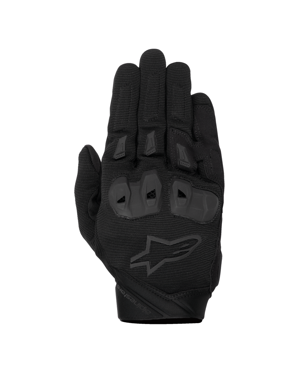 Gants Alpinestars SP X 1, gants de moto noirs pour la course, dessus de la main en tissu extensible texturé, logo étoile noir ton sur ton, protection intégrée des articulations en TPR et sliders de doigts, design robuste pour la conduite sportive
