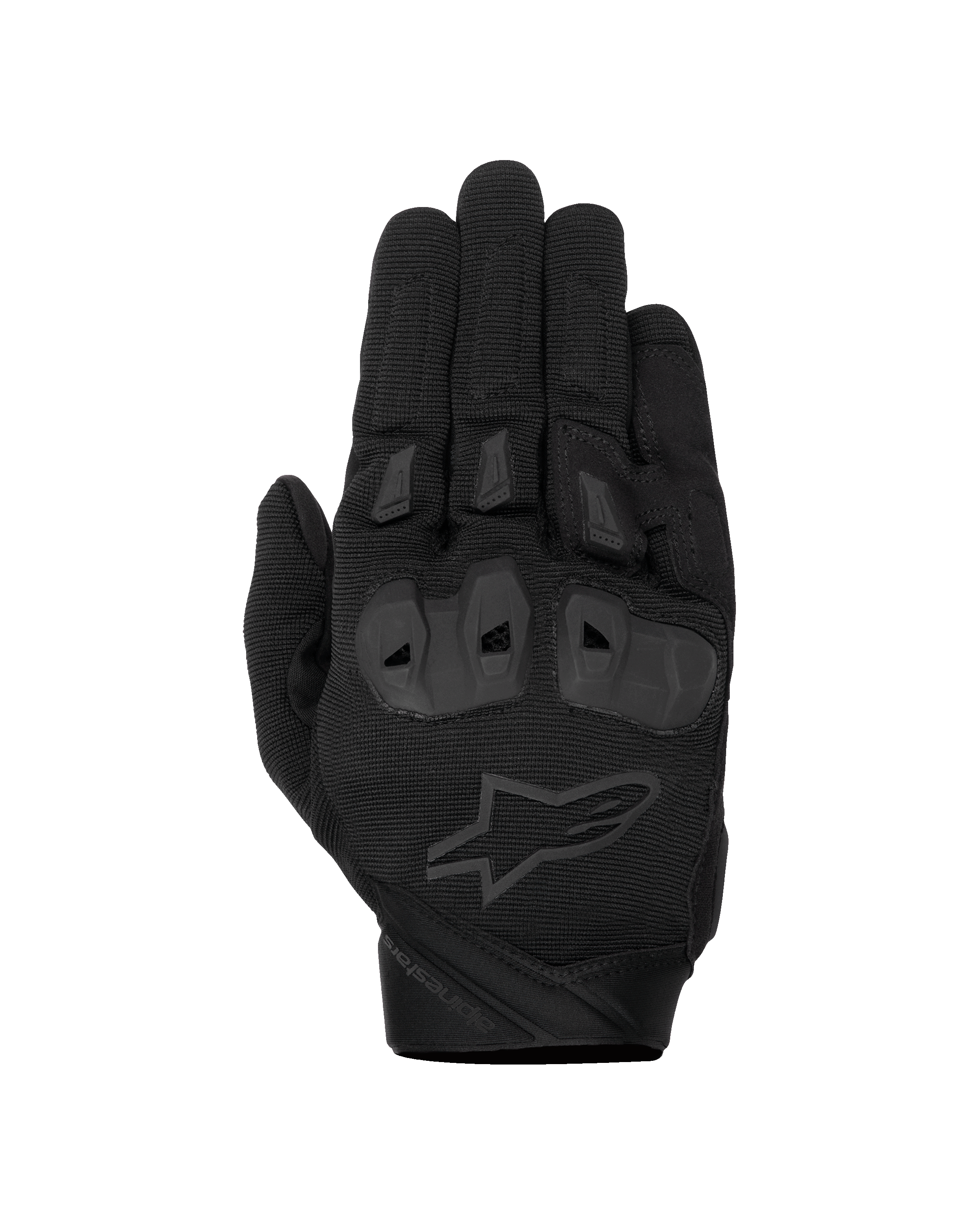 Gants Alpinestars SP X 1, gants de moto noirs pour la course, dessus de la main en tissu extensible texturé, logo étoile noir ton sur ton, protection intégrée des articulations en TPR et sliders de doigts, design robuste pour la conduite sportive