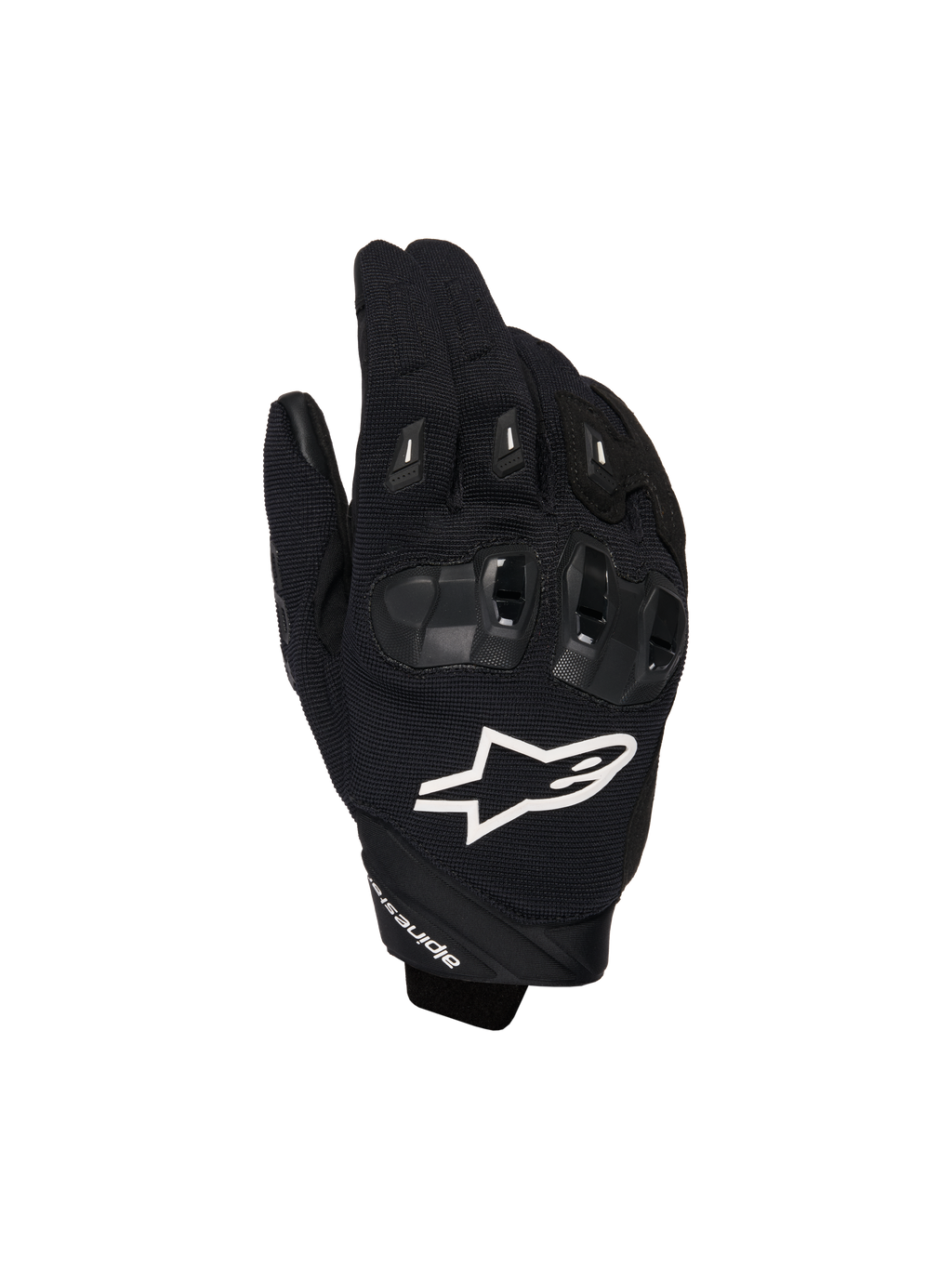 Alpinestars SP X 1, gants de moto sport, noirs avec logo blanc, vue de dessus montrant la protection des articulations en TPR et le tissu mesh ventilé, équipement de protection pour la route et la conduite sportive