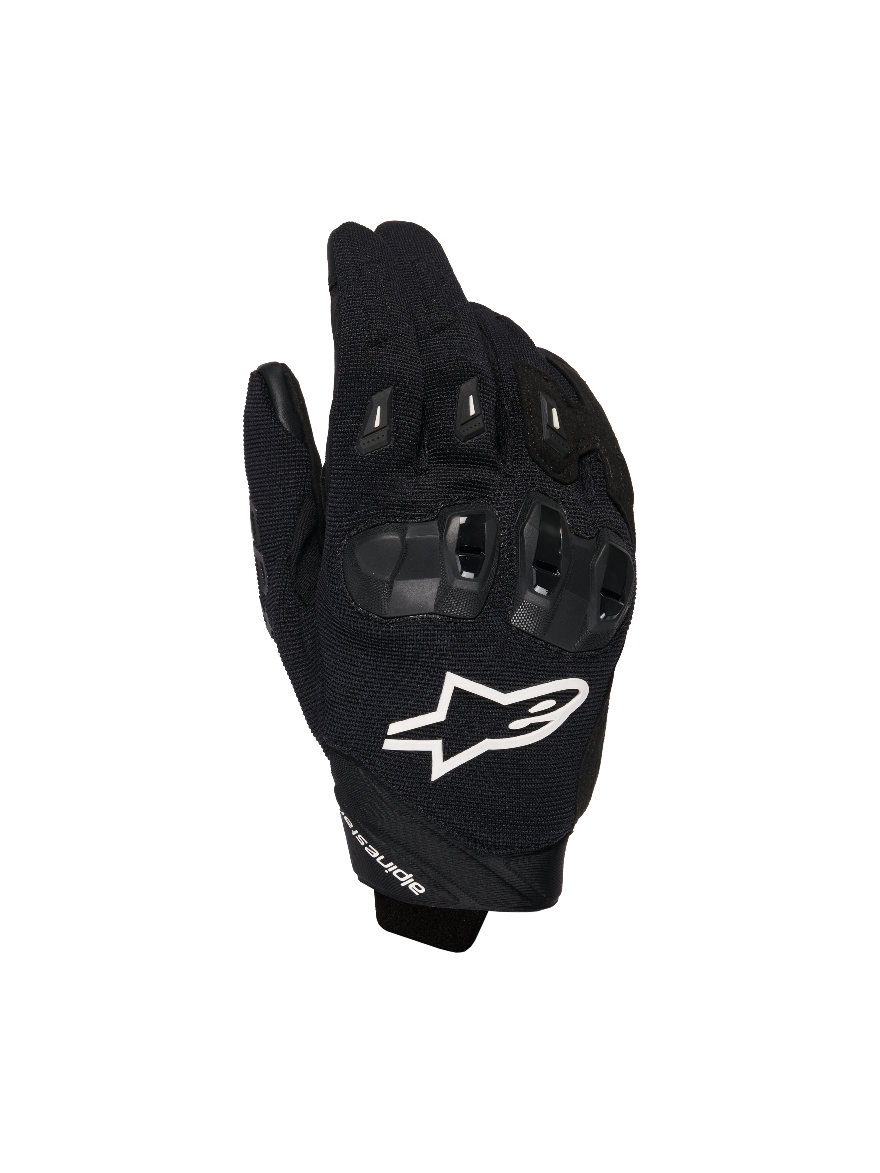 Alpinestars SP X 1 motorhandschoenen, sportieve motorhandschoenen, zwart met wit logo, bovenaanzicht met TPR-knokkelbescherming en geventileerde mesh-stof, beschermende uitrusting voor op de weg en sportief rijden