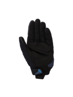 Gants Alpinestars SP X 1, Noir et Bleu Blithe, vue de la paume montrant une paume en cuir synthétique avec zones de frappe renforcées, slider de paume bleu et sangle de poignet avec logo Alpinestars bleu, équipement de route pour moto de sport
