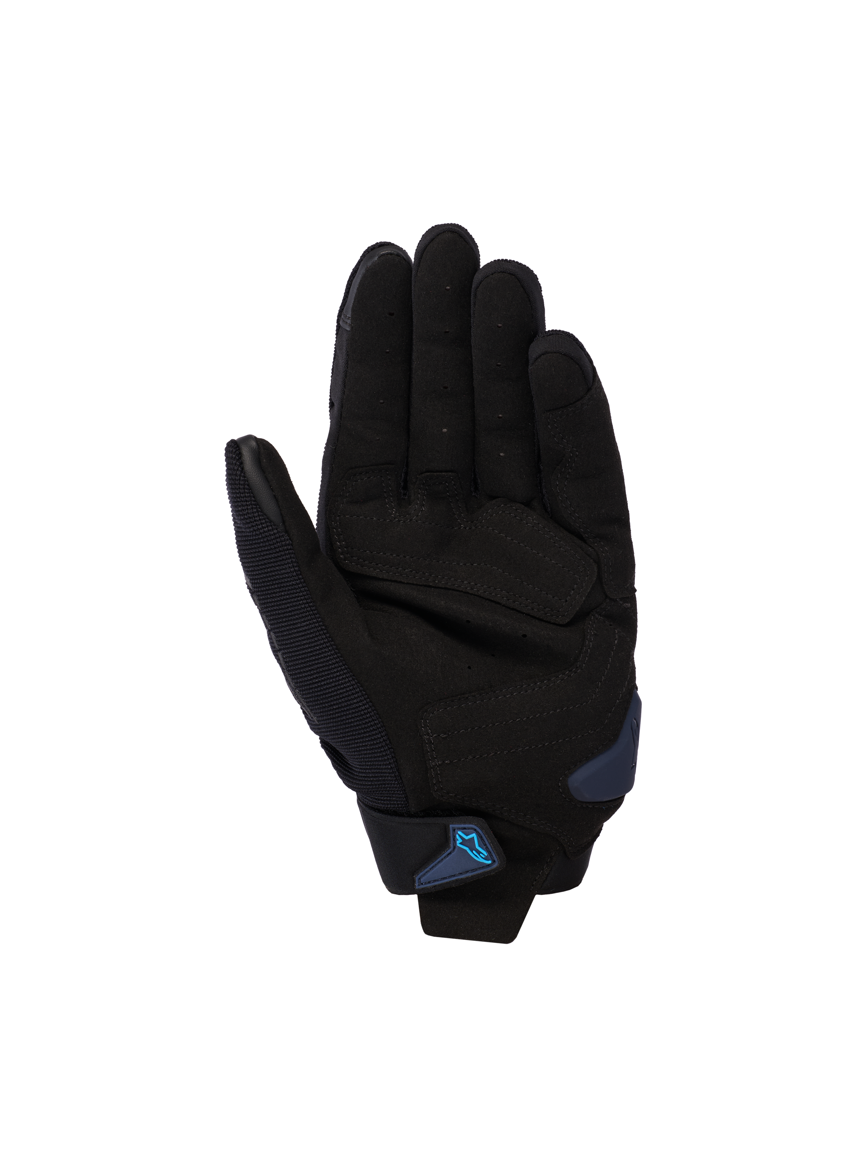 Gants Alpinestars SP X 1, Noir et Bleu Blithe, vue de la paume montrant une paume en cuir synthétique avec zones de frappe renforcées, slider de paume bleu et sangle de poignet avec logo Alpinestars bleu, équipement de route pour moto de sport