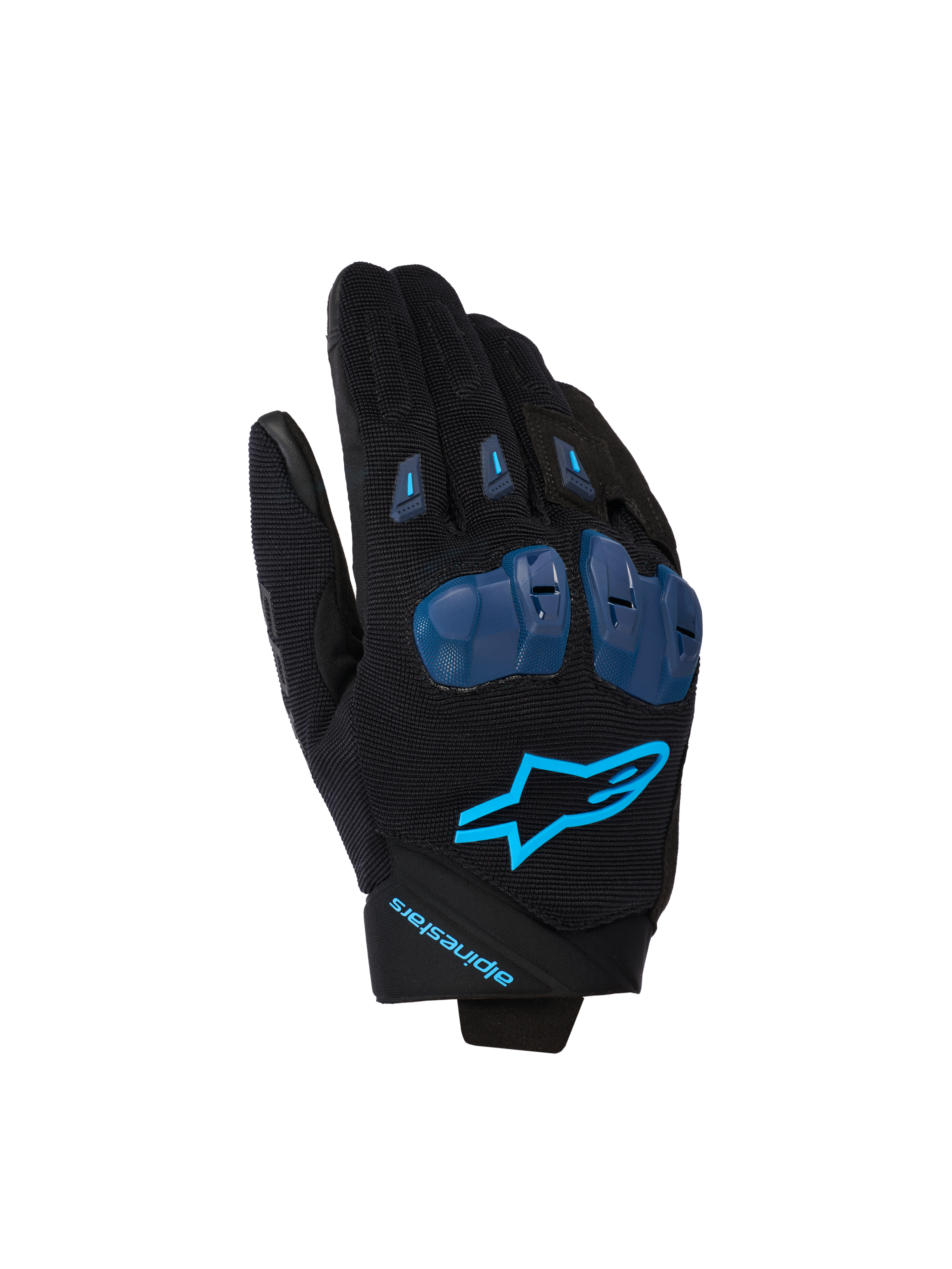 Gants Alpinestars SP X 1, gants de moto sport, noir et bleu Blithe, dotés de protections d'articulations en TPR bleu, logo étoile bleu vif sur le dos de la main, construction en tissu extensible, design sportif épuré avec détails axés sur la performance