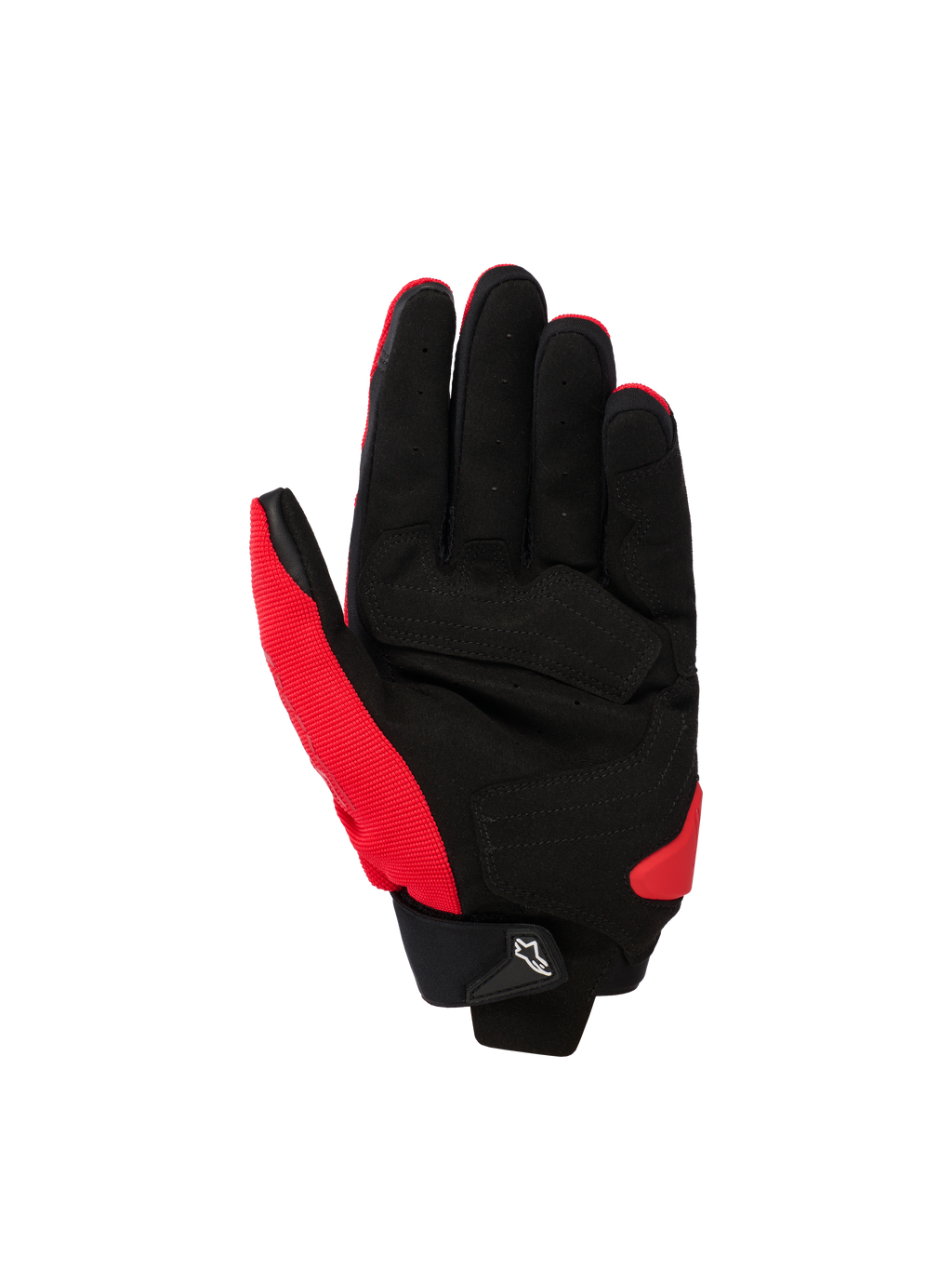 Alpinestars SP X 1 Handschuhe, Sport-Motorradhandschuhe, Hellrot und Schwarz, Handflächenansicht mit Kunstleder-Handfläche und verstärkten Zonen, rotes Stretchgewebe an der Seite und am Daumen, schwarze Manschette mit einer kleinen weißen Astars-Logo-Zuglasche und rotem TPR-Handflächenschleifer
