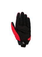 Alpinestars SP X 1 Handschuhe, Sport-Motorradhandschuhe, Hellrot und Schwarz, Handflächenansicht mit Kunstleder-Handfläche und verstärkten Zonen, rotes Stretchgewebe an der Seite und am Daumen, schwarze Manschette mit einer kleinen weißen Astars-Logo-Zuglasche und rotem TPR-Handflächenschleifer