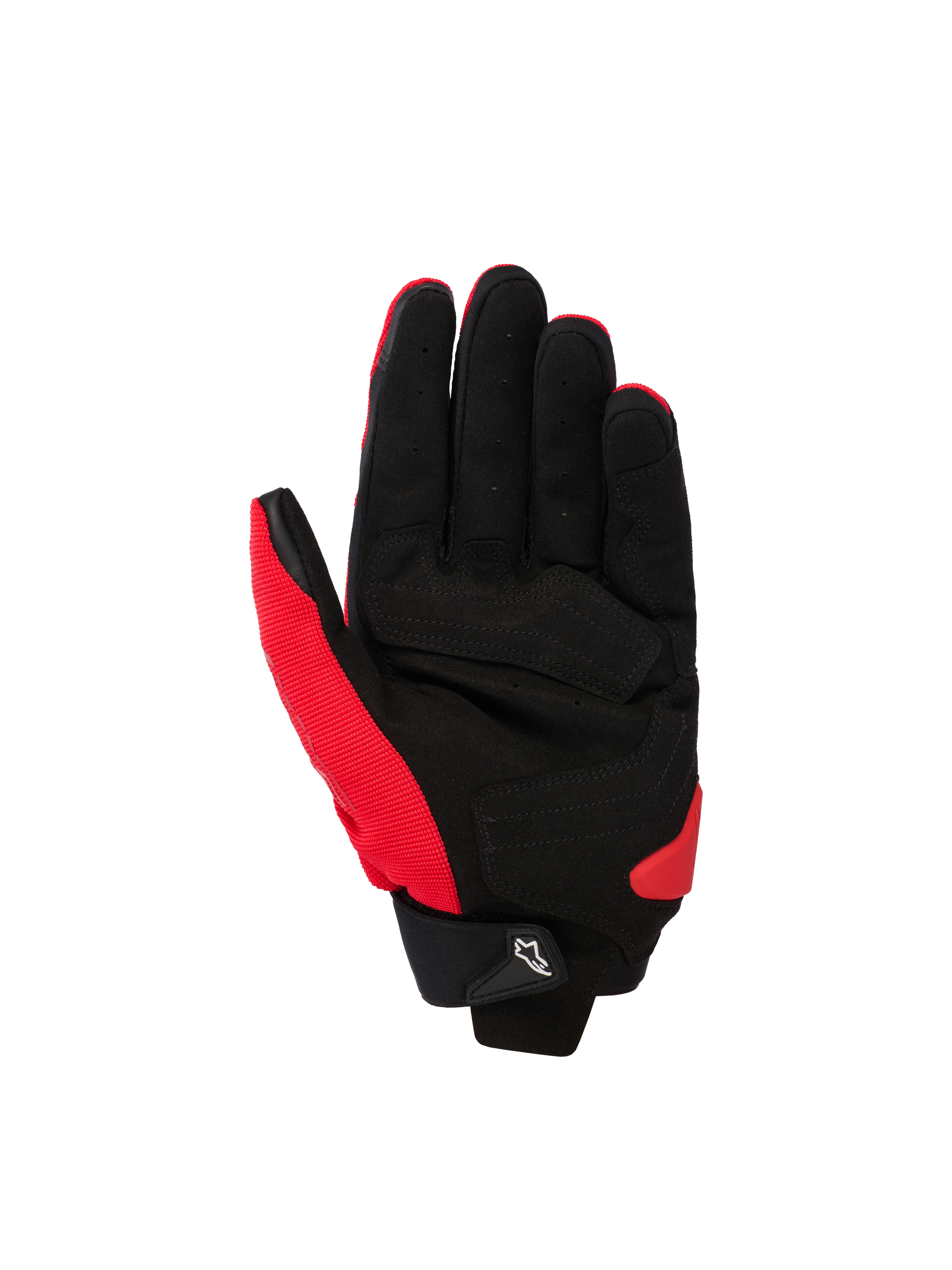 Alpinestars SP X 1 Handschuhe, Sport-Motorradhandschuhe, Hellrot und Schwarz, Handflächenansicht mit Kunstleder-Handfläche und verstärkten Zonen, rotes Stretchgewebe an der Seite und am Daumen, schwarze Manschette mit einer kleinen weißen Astars-Logo-Zuglasche und rotem TPR-Handflächenschleifer