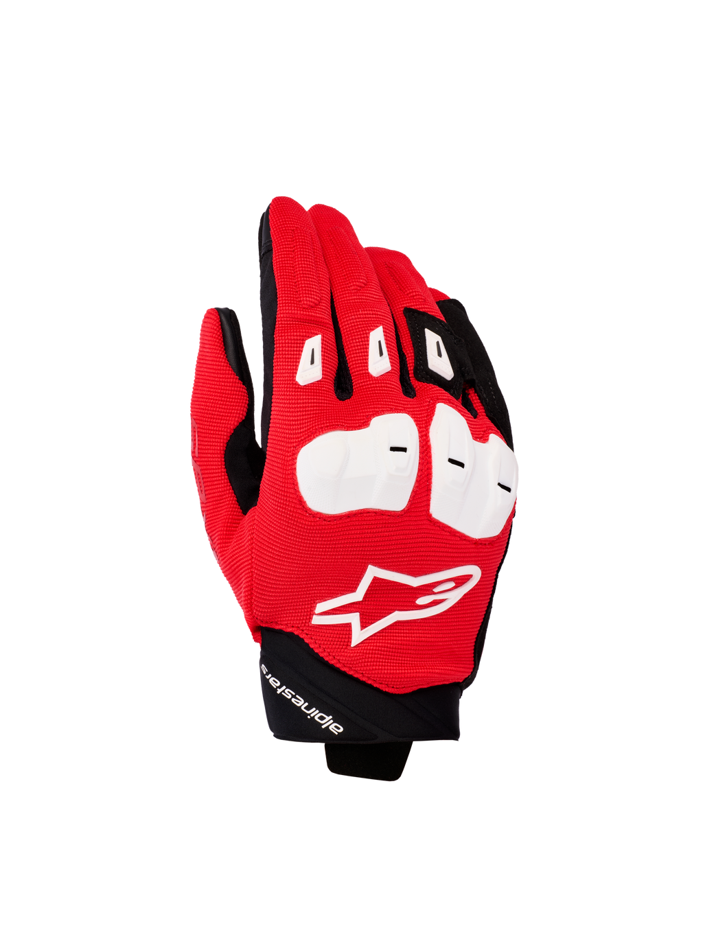 Alpinestars SP X 1 Handschuhe, Motorrad-Sporthandschuhe, Leuchtendes Rot, Schwarz und Weiß, mit weißen TPR-Knöchelprotektoren, texturierter roter Handrücken mit weißem Astars-Logo, kurze schwarze Manschette, Performance-Fahrausrüstung