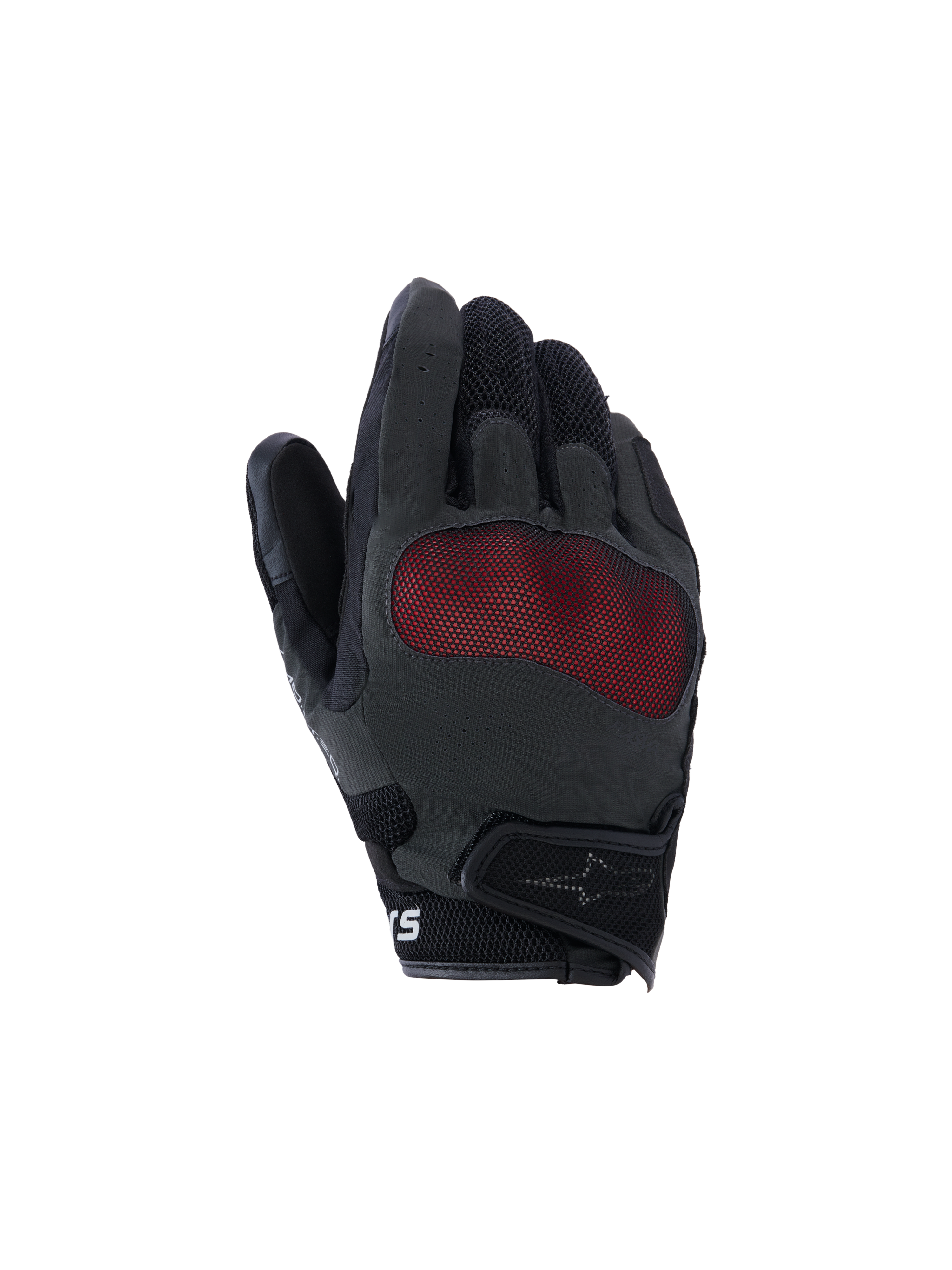 Alpinestars Mogress Airflow handschoenen, motorhandschoenen, zwart en rood, bovenzijde met rode mesh knokkelbescherming, 3D ademende mesh-panelen, kort manchet met klittenbandsluiting, urban rijstijl