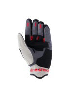 Alpinestars Mogress Airflow Handschuhe, Urban-Motorradhandschuhe, Schwarz, Flammenrot und Ecru, Handflächenansicht mit Verstärkungen aus synthetischem Wildleder, roten Silikon-Griffeinsätzen an den Fingern und atmungsaktiven Mesh-Einsätzen an Daumen und Bündchen.