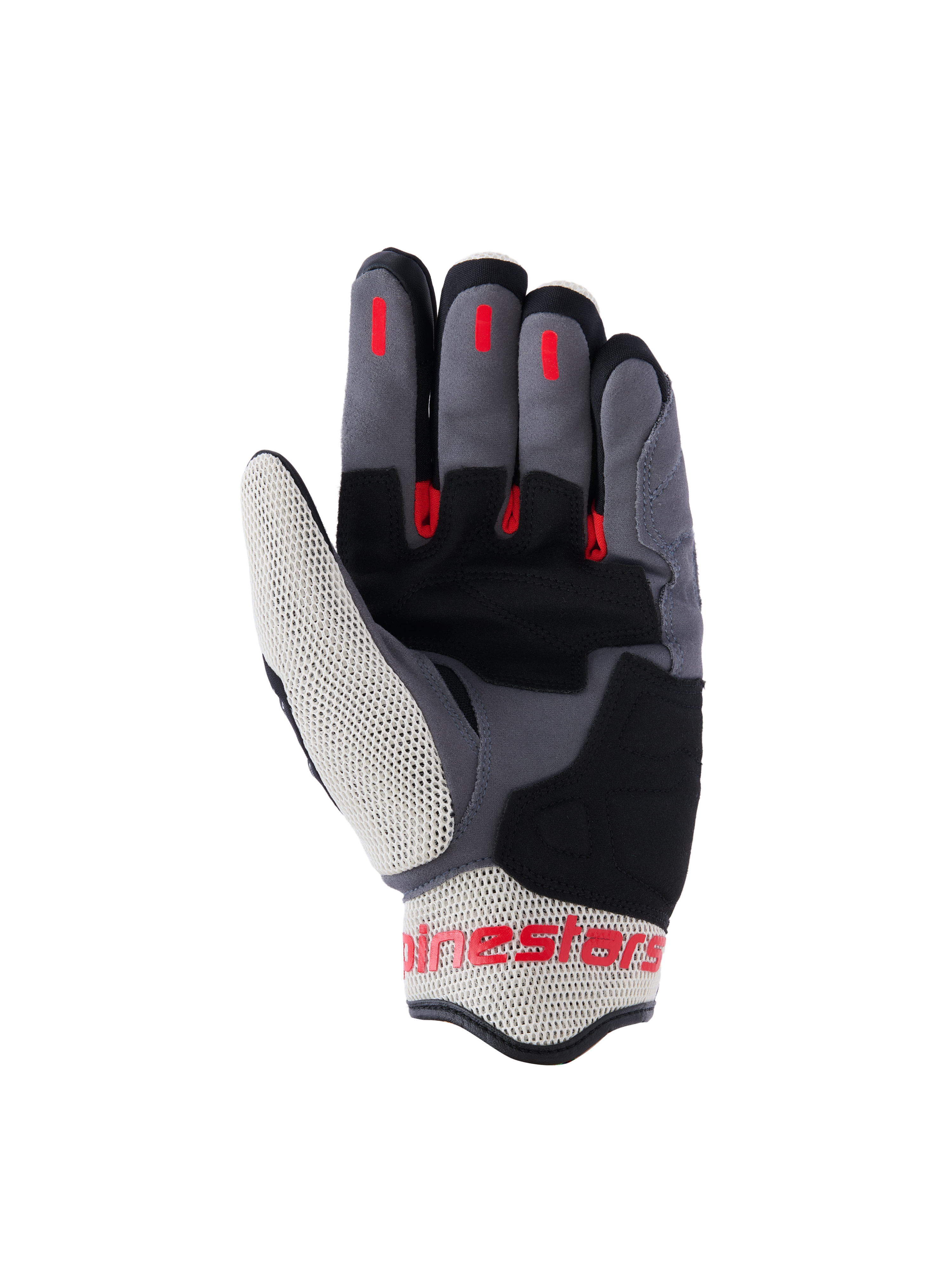 Alpinestars Mogress Airflow Handschuhe, Urban-Motorradhandschuhe, Schwarz, Flammenrot und Ecru, Handflächenansicht mit Verstärkungen aus synthetischem Wildleder, roten Silikon-Griffeinsätzen an den Fingern und atmungsaktiven Mesh-Einsätzen an Daumen und Bündchen.
