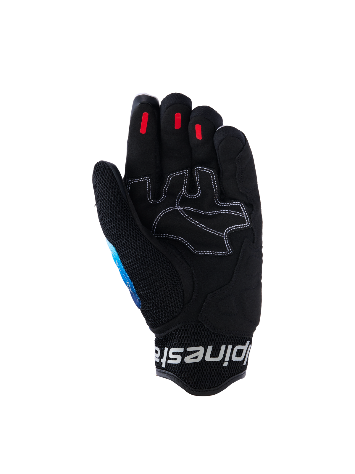 Alpinestars Mogress Airflow handschoenen, urban motorhandschoenen, Fading Blue Black, handpalmweergave met versterkt synthetisch leer en wit contraststiksel, rode siliconen grip-inzetstukken op de vingertoppen, zwarte 3D mesh manchet met wit logo.