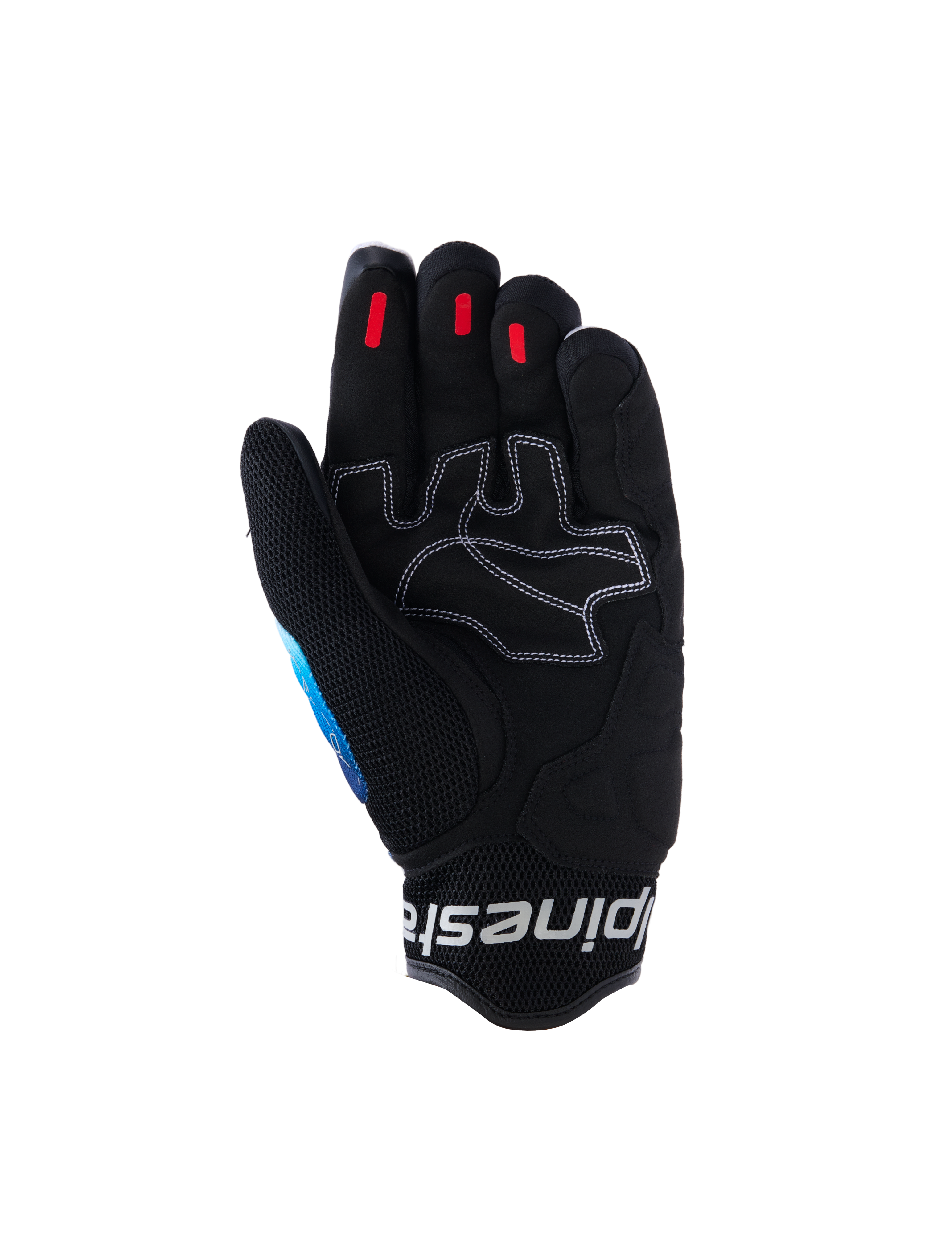 Alpinestars Mogress Airflow handschoenen, urban motorhandschoenen, Fading Blue Black, handpalmweergave met versterkt synthetisch leer en wit contraststiksel, rode siliconen grip-inzetstukken op de vingertoppen, zwarte 3D mesh manchet met wit logo.
