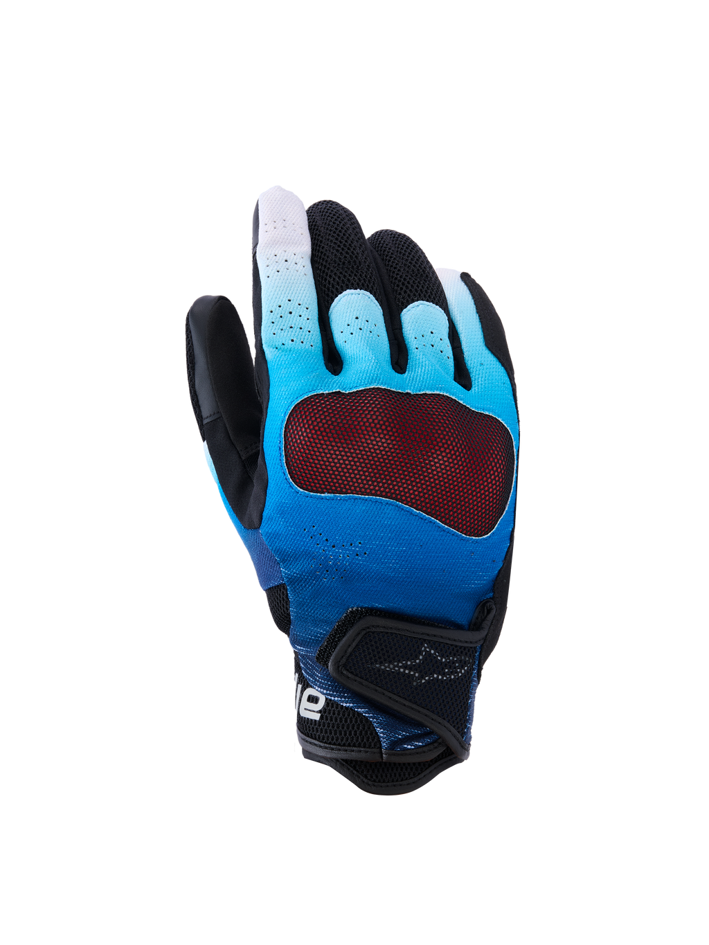 Alpinestars Mogress Airflow handschoenen, motorhandschoenen, kleurverloop van blauw naar zwart, met een rode transparante knokkelbeschermer, ademende geperforeerde handrug met 3D mesh-panelen, korte manchet met verstelbare band, urban design
