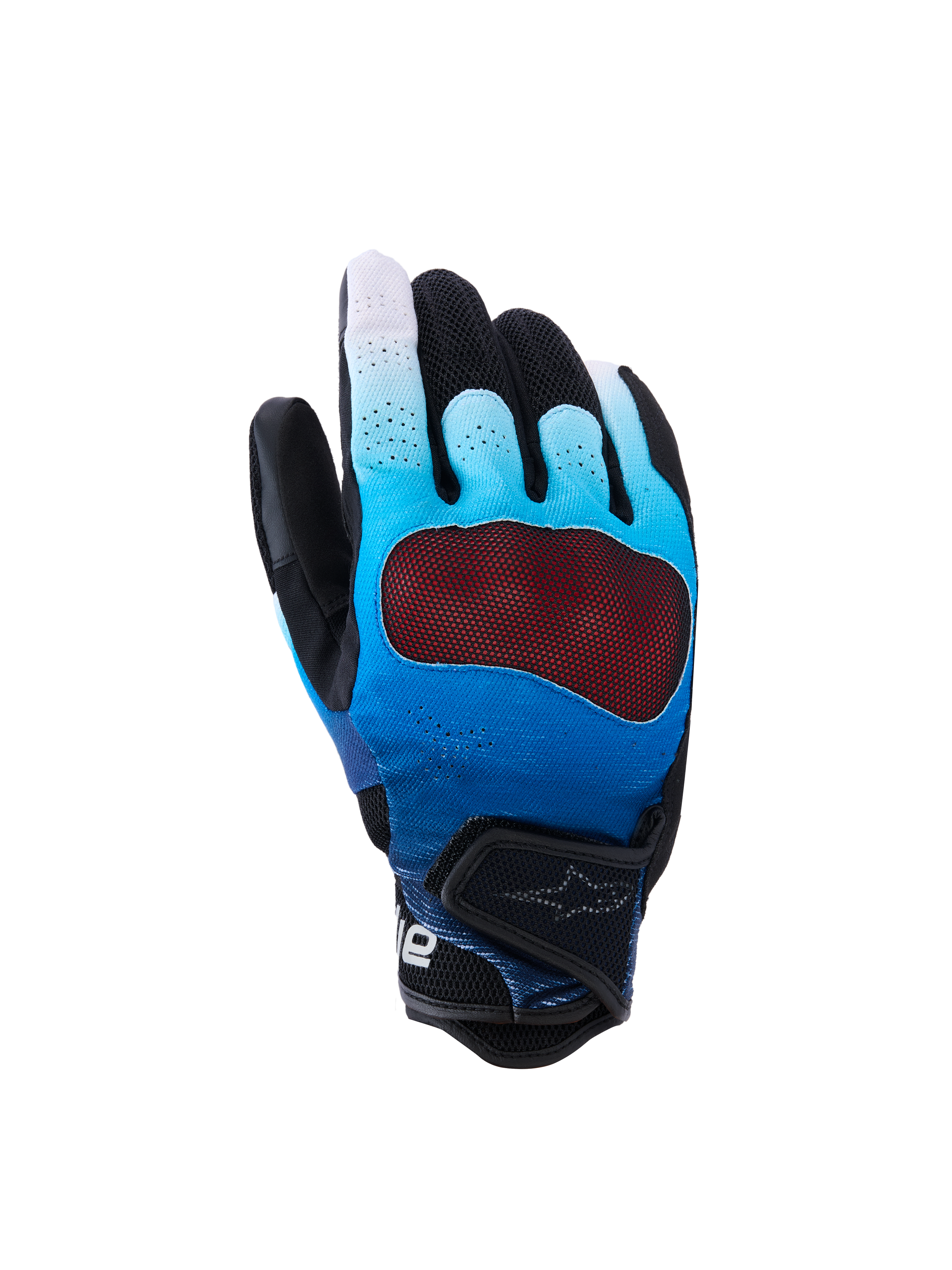 Alpinestars Mogress Airflow Handschuhe, Motorradhandschuhe, Blau und Schwarz verlaufend, mit rotem, durchsichtigem Knöchelschutz, atmungsaktiver perforierter Oberhand mit 3D-Mesh-Einsätzen, kurzer Manschette mit verstellbarem Riemen, urbanes Design
