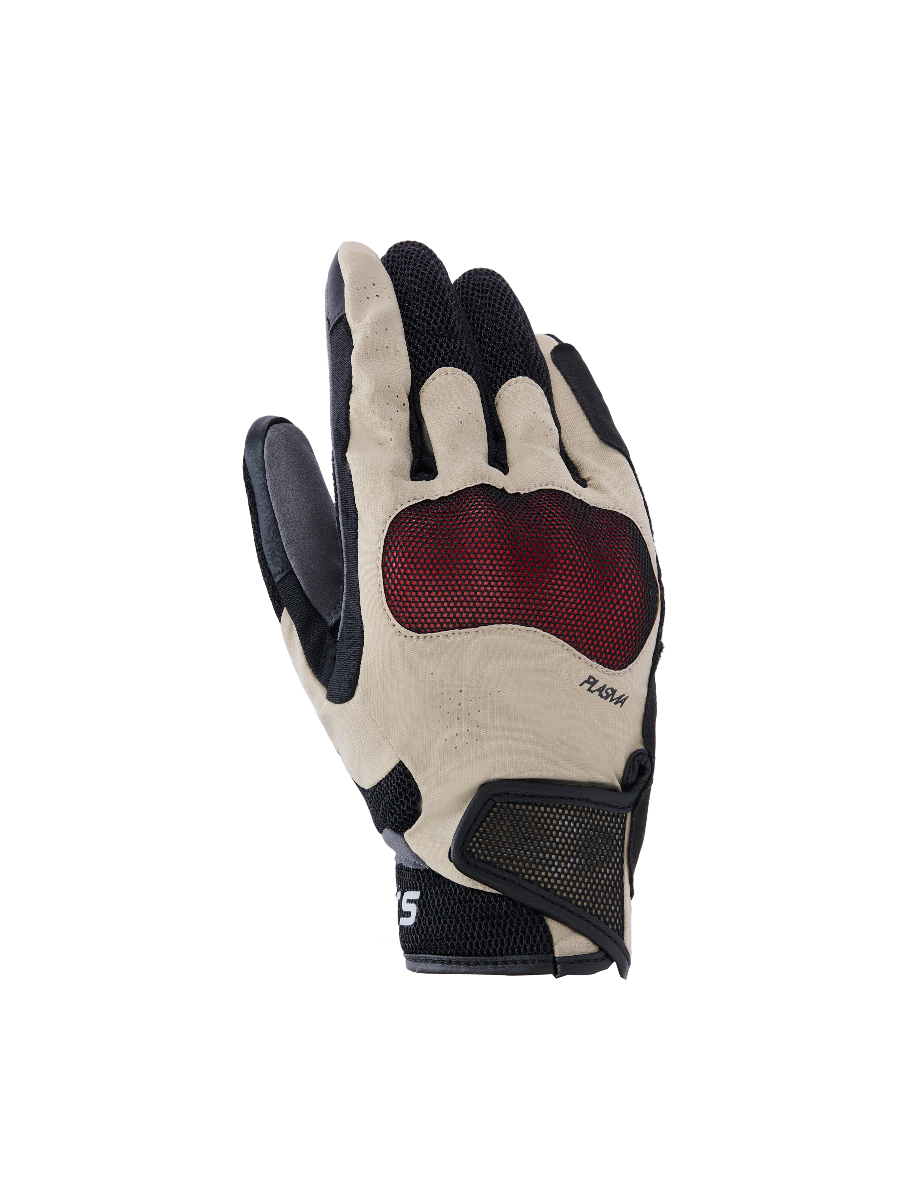 Alpinestars Mogress Airflow Handschuhe, Motorradhandschuhe, Beige, Schwarz und Rot, mit rotem Nucleon Plasma Knöchelschutz, laserperforierten Fingern, 3D-Mesh-Einsätzen für Belüftung und kurzem Bündchen mit Klettverschluss