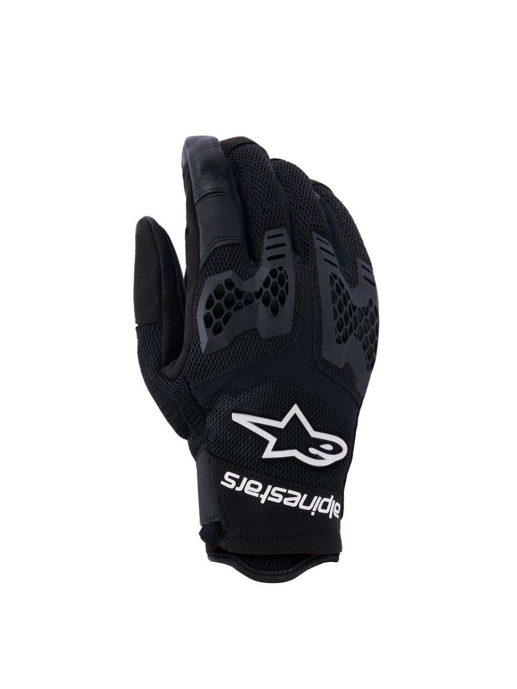 Alpinestars Manti Air motorhandschoenen, motorfietshandschoenen, zwart, voorzien van ademend mesh en getextureerde honingraat knokkelbescherming, wit Alpinestars logo en tekst op de pols, lichtgewicht ontwerp voor zomerse avontuurlijke ritten