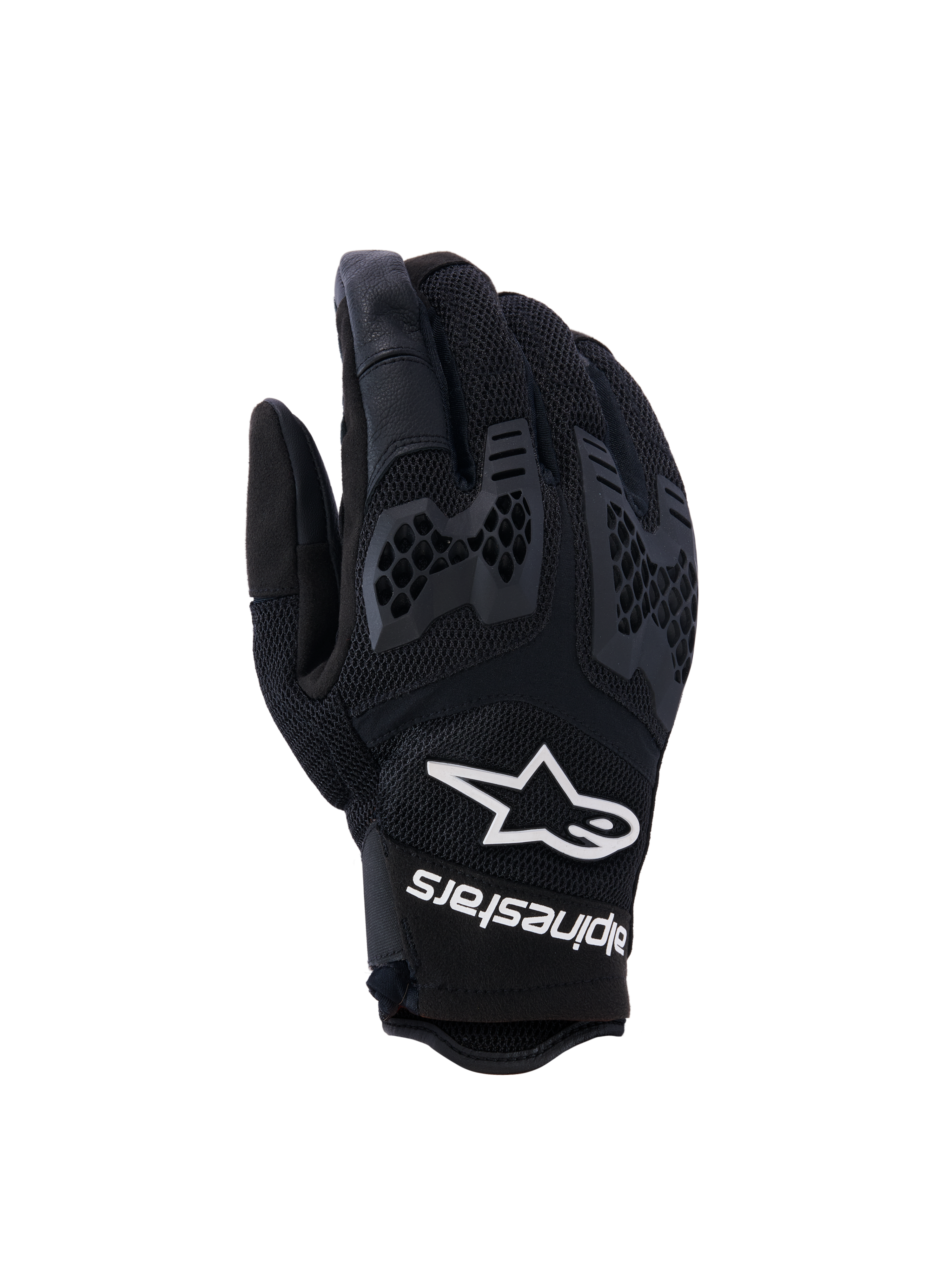 Alpinestars Manti Air Gloves, gants de moto noirs, mesh respirant et protection des articulations en nid d'abeille texturé, logo et texte Alpinestars blancs sur le poignet, design léger pour la conduite aventure estivale