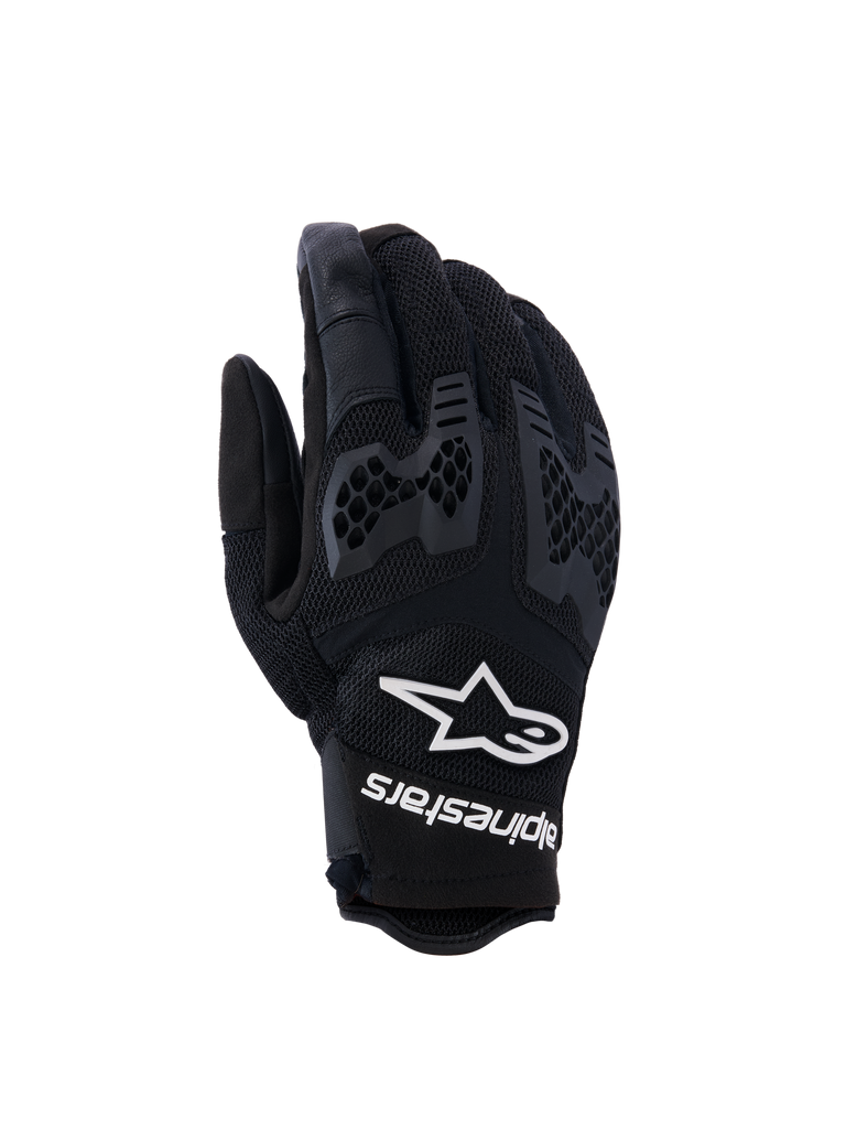 Alpinestars Manti Air Gloves, Motorcycle Riding Gloves, Black, featuring breathable mesh and textured honeycomb knuckle protection, white Alpinestars logo and text on the wrist, lightweight design for summer adventure riding