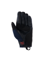 Gants Alpinestars Manti Air, gants de moto, bleu profond et noir, vue de la paume en cuir avec doigts perforés, panneaux latéraux en mesh et logo AS circulaire rouge sur la sangle du poignet, équipement de pilotage aventure
