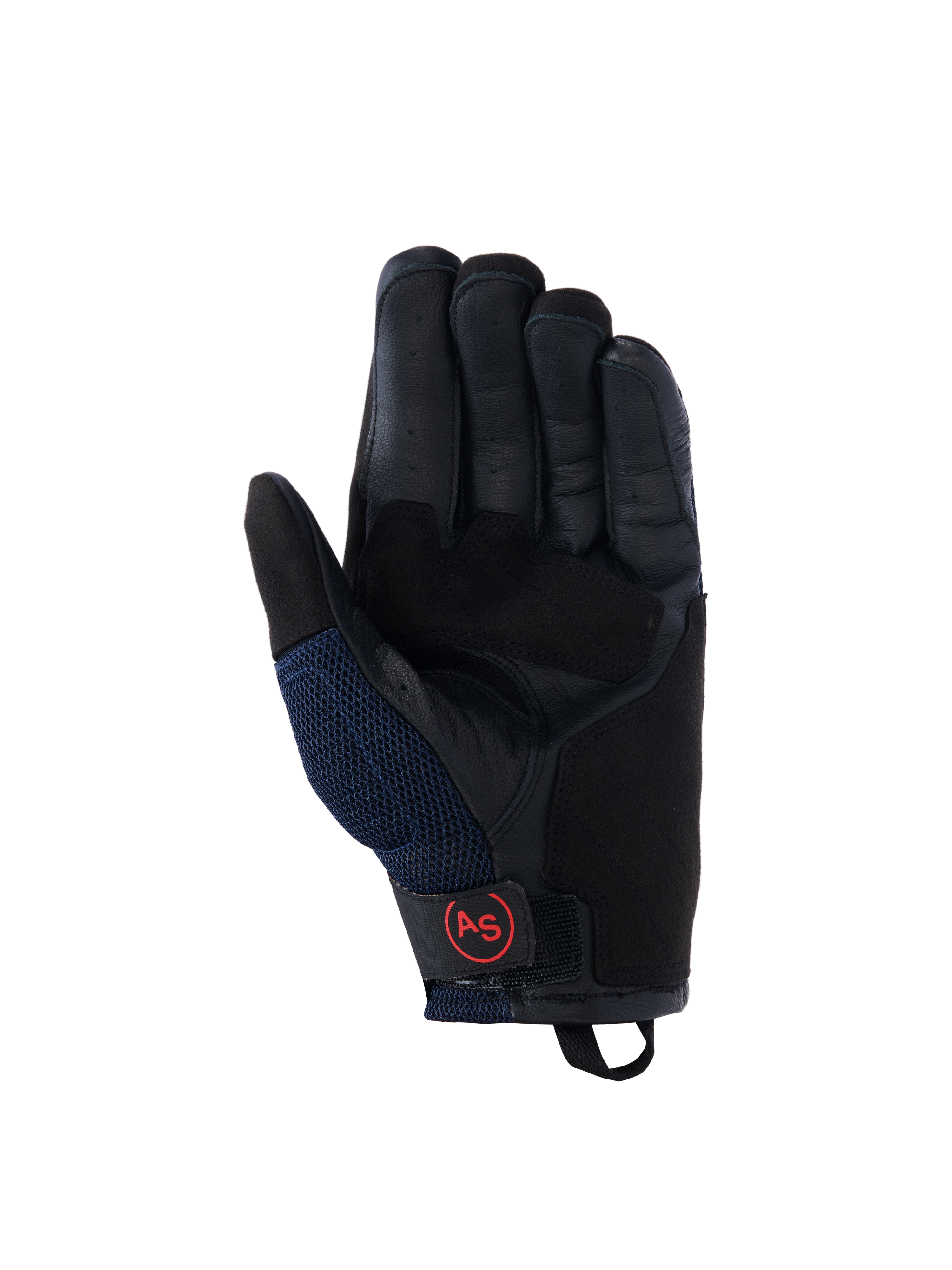 Gants Alpinestars Manti Air, gants de moto, bleu profond et noir, vue de la paume en cuir avec doigts perforés, panneaux latéraux en mesh et logo AS circulaire rouge sur la sangle du poignet, équipement de pilotage aventure