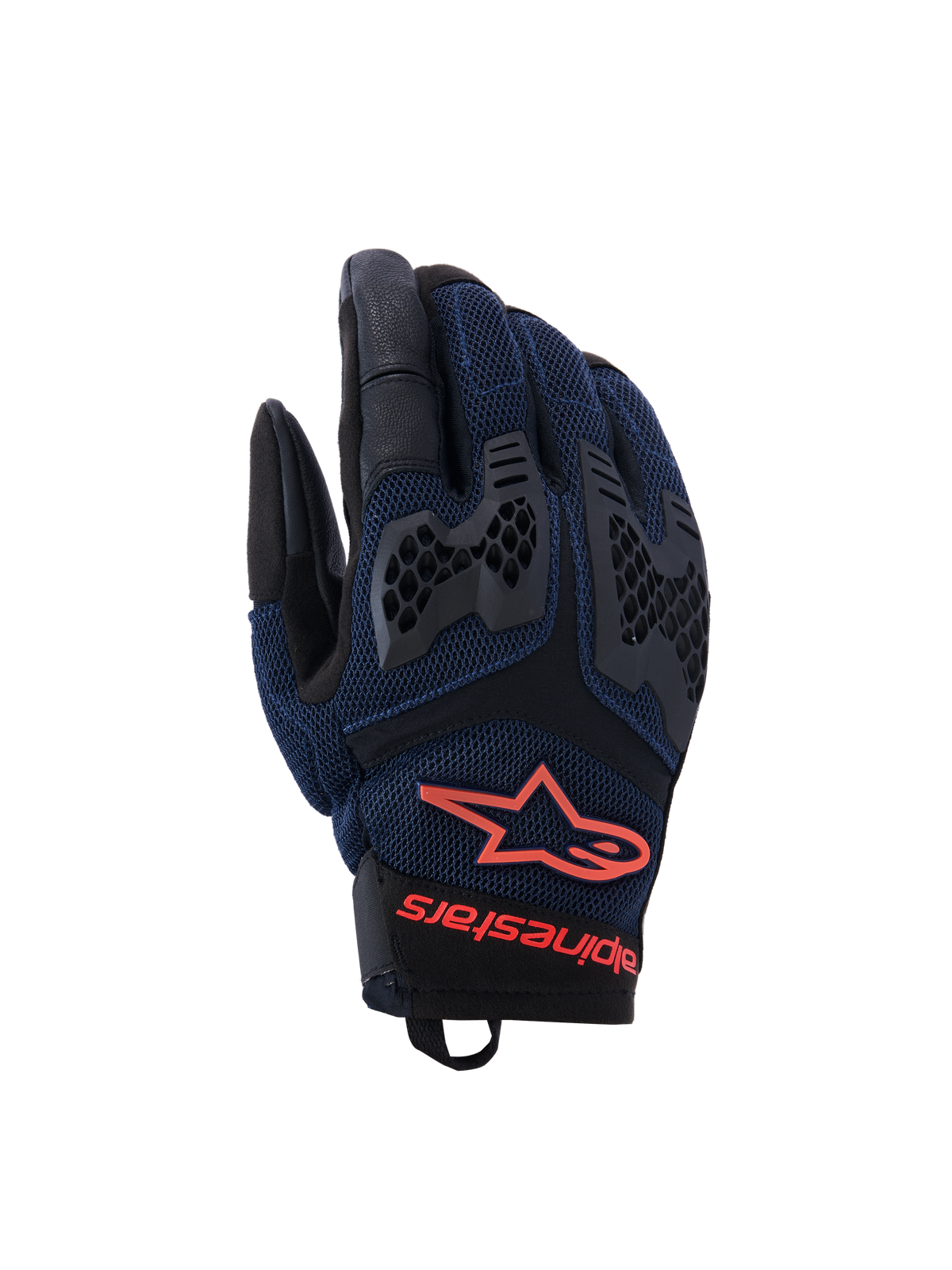 Alpinestars Manti Air Gloves, Motorcycle Riding Gloves, Deep Blue and Black with Red Fluo accents, featuring breathable mesh construction and honeycomb TPU knuckle protection, Alpinestars star logo and branding on the wrist, designed for summer adventure riding