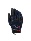 Gants Alpinestars Manti Air, gants de moto, bleu foncé et noir avec accents rouge fluo, dotés d'une construction en mesh respirant et de protections d'articulations en TPU en nid d'abeille, logo étoile et marquage Alpinestars sur le poignet, conçus pour la conduite aventure estivale