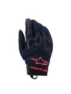 Gants Alpinestars Manti Air, gants de moto, bleu foncé et noir avec accents rouge fluo, dotés d'une construction en mesh respirant et de protections d'articulations en TPU en nid d'abeille, logo étoile et marquage Alpinestars sur le poignet, conçus pour la conduite aventure estivale