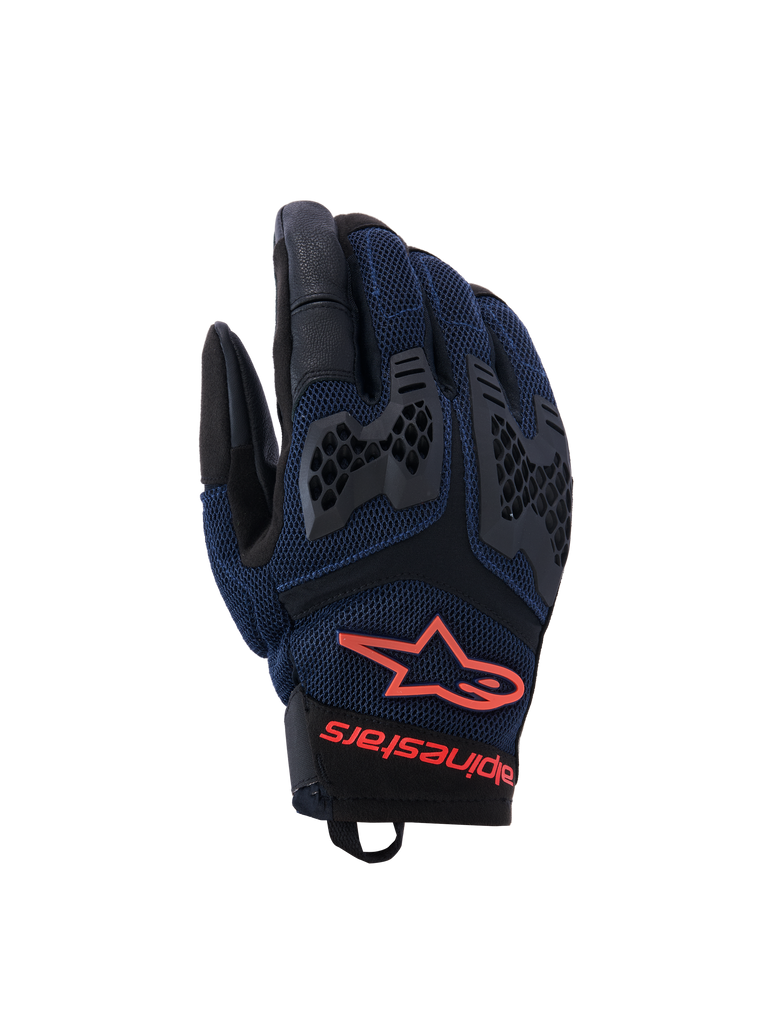 Alpinestars Manti Air Gloves, Motorcycle Riding Gloves, Deep Blue and Black with Red Fluo accents, featuring breathable mesh construction and honeycomb TPU knuckle protection, Alpinestars star logo and branding on the wrist, designed for summer adventure riding